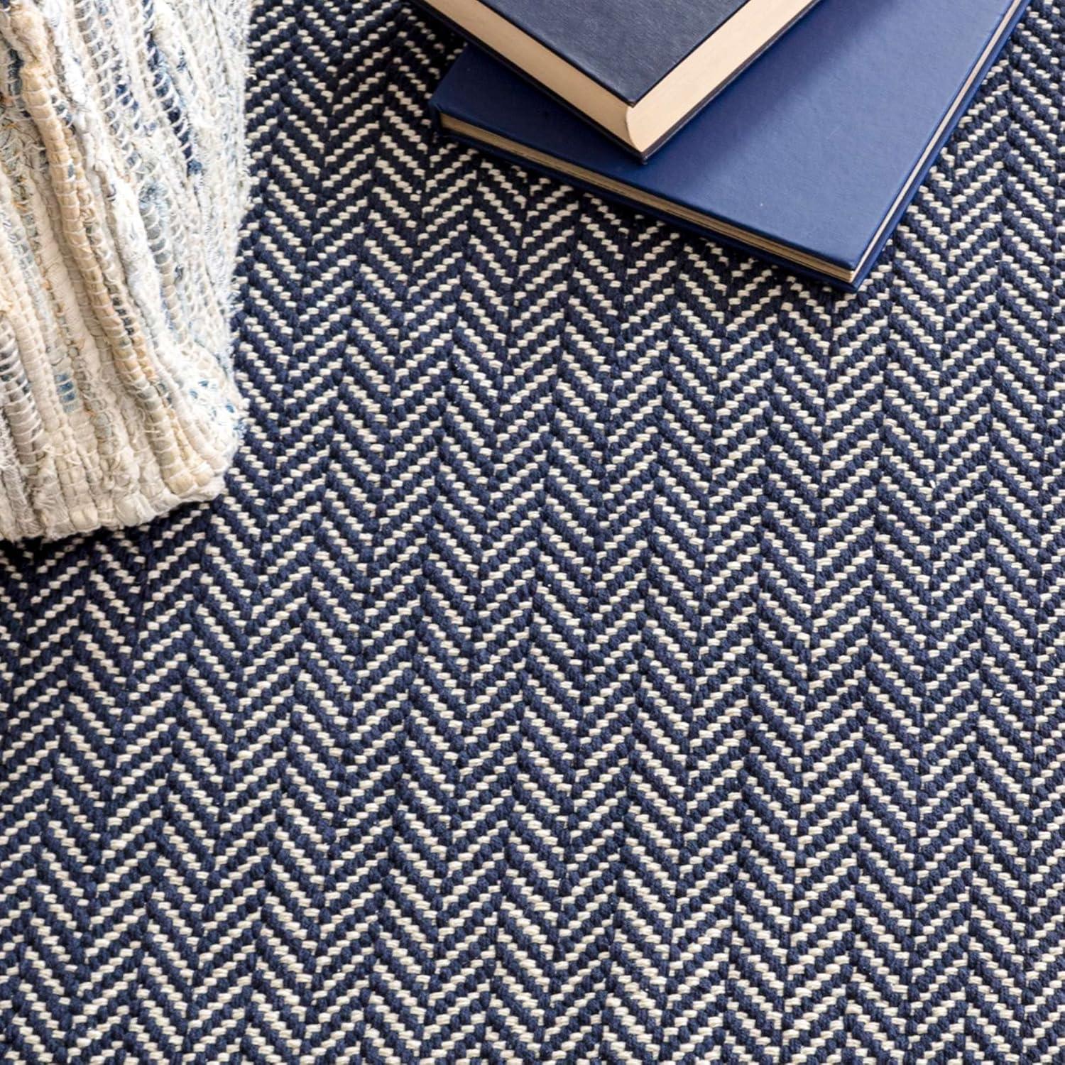 Indigo Ivory Herringbone Handwoven Cotton Rug 8' x 10'