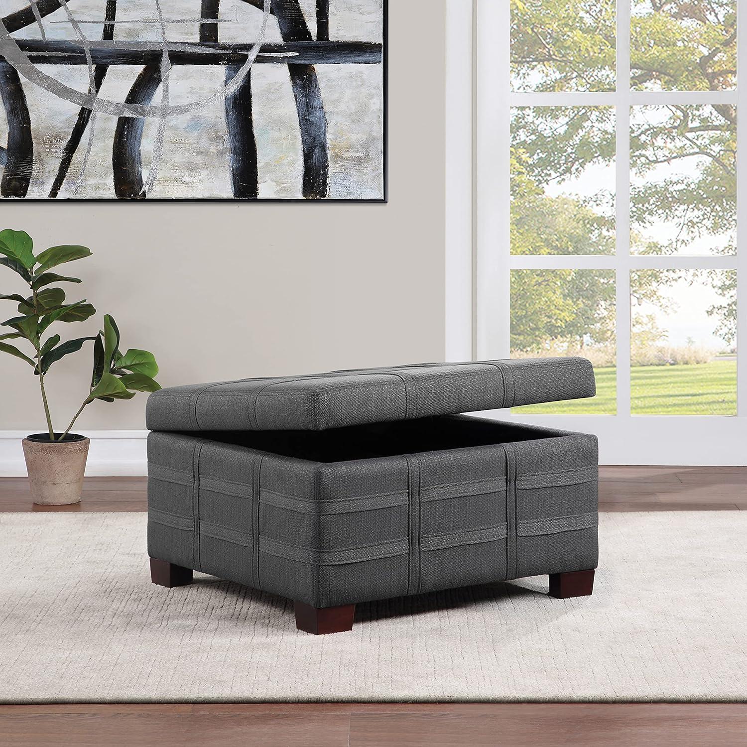 Detour Strap Square Storage Ottoman in Charcoal Fabric