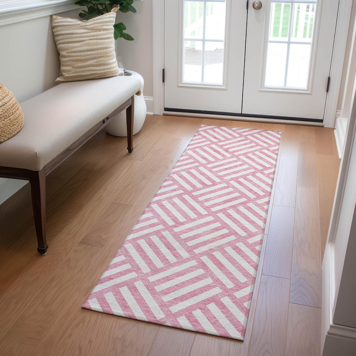 Pink and White Geometric Flat Woven Runner Rug