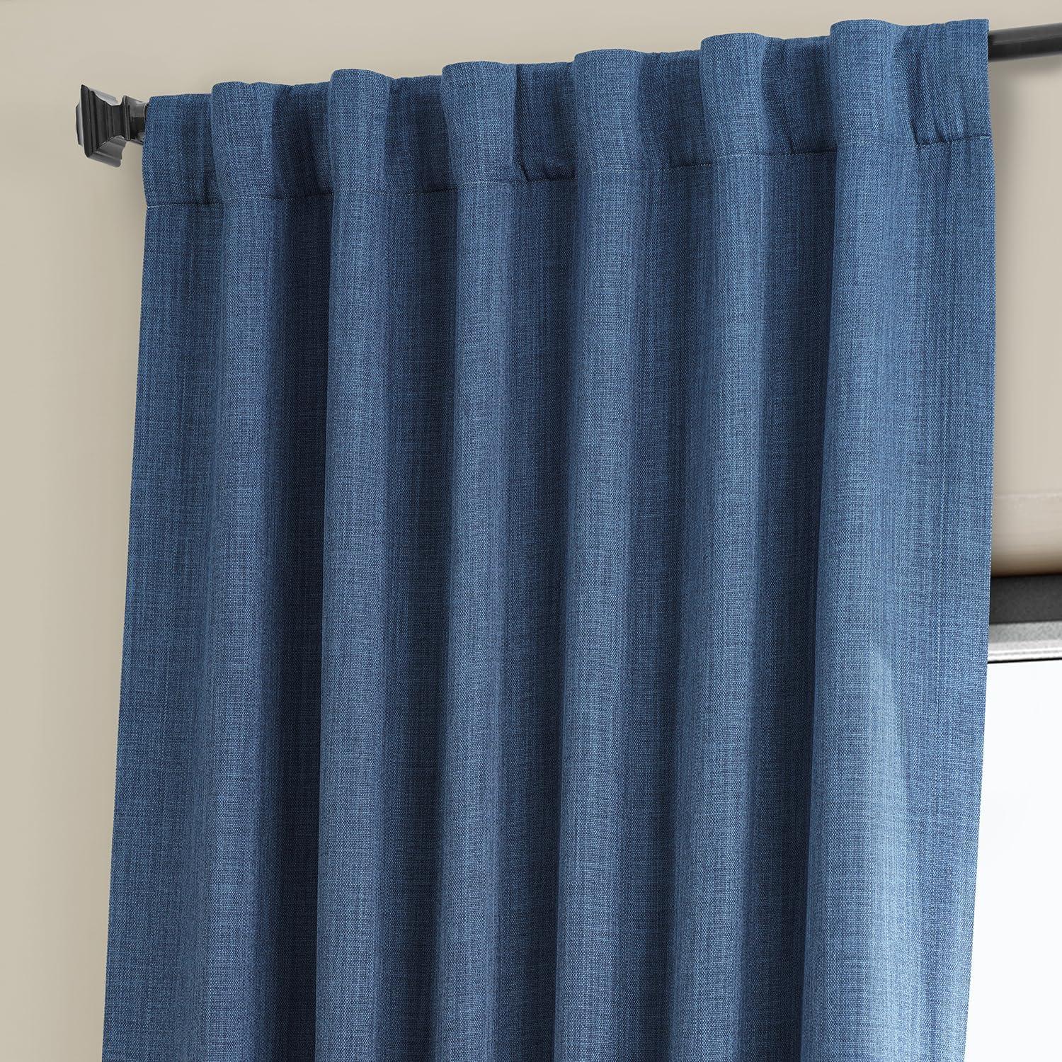 Extra Long Blue Faux Linen Blackout Drapes