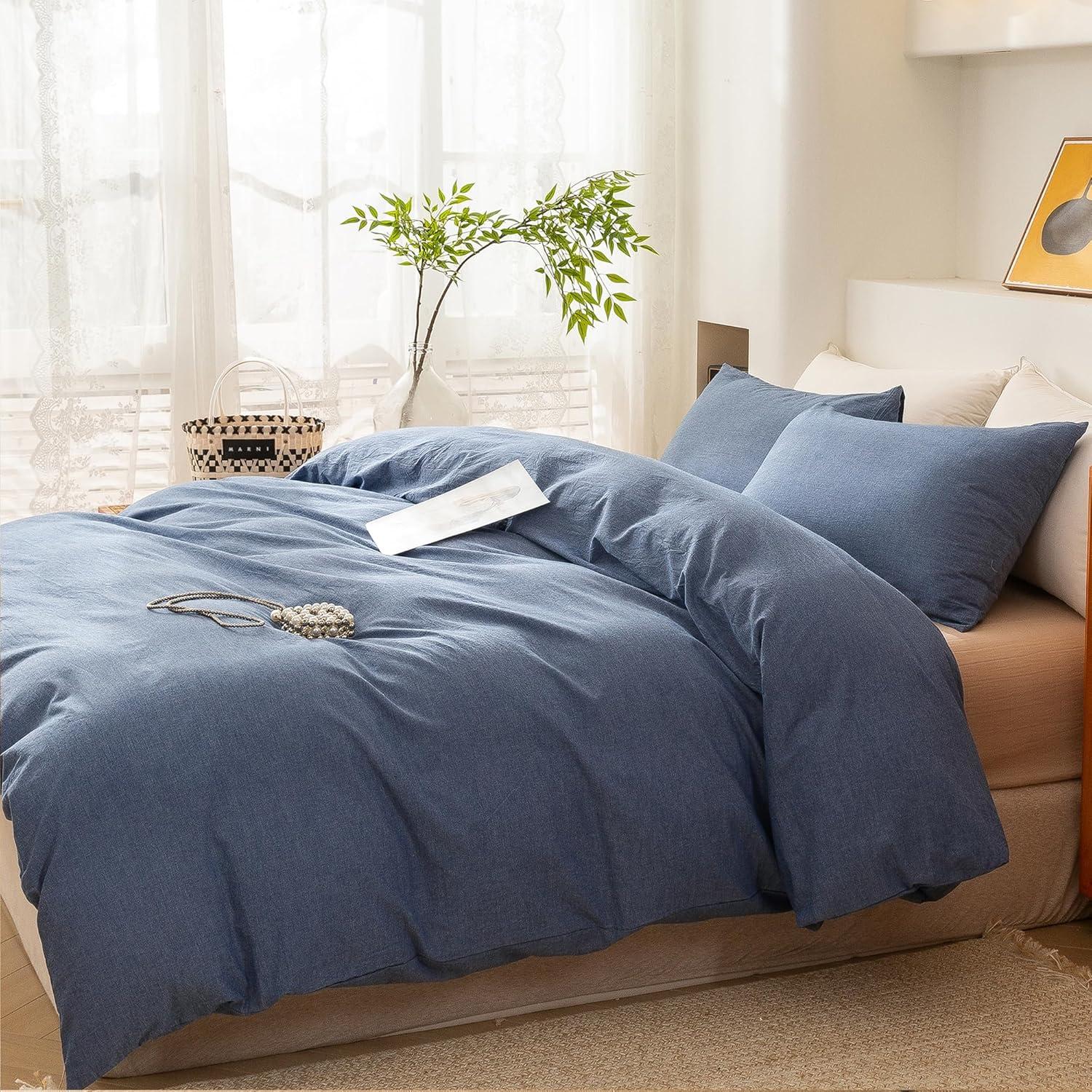 ECOCOTT Denim Blue Duvet Cover King Size, 100% Washed Cotton 1 Duvet Cover with Zipper and 2 Pillowcases, Ultra Soft and Easy Care Breathable Cozy Bedding Set (Denim Blue, King)