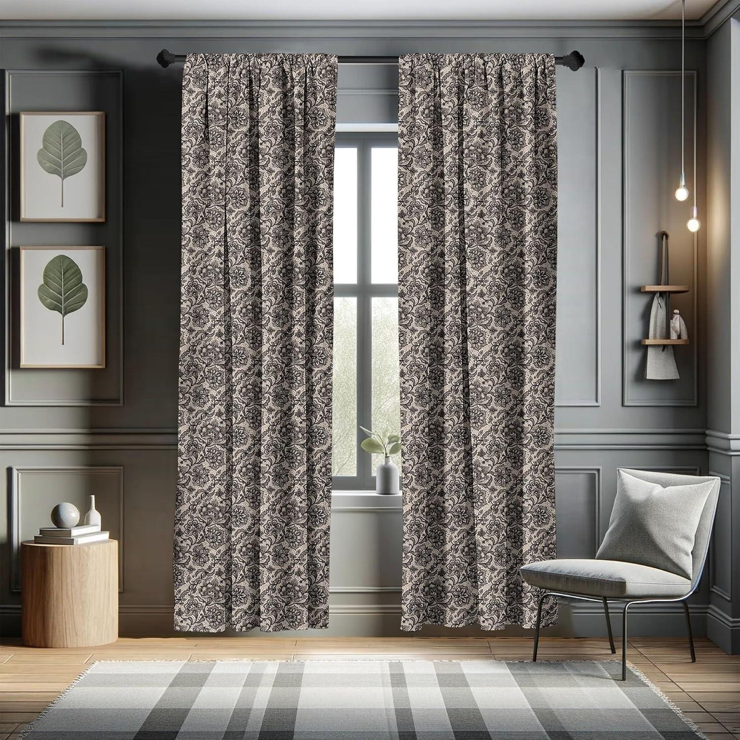 Ambesonne Ambesonne Gothic 2 Panel Curtain Set, Abstract Graphic Lace Pattern With Flowers Butterflies Old Fashioned Nature Inspired, Lightweight Window Treatment Living Room Bedroom Decor, 56" X 63", Tan Black (Set of 2)