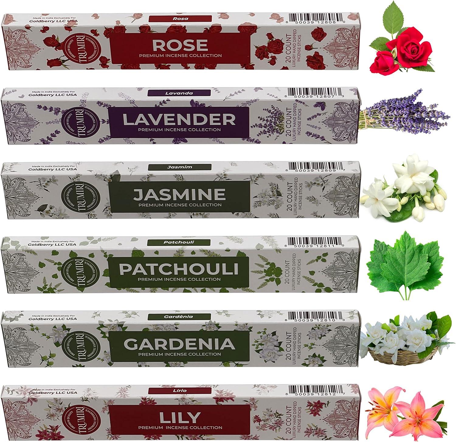 Trumiri Floral Incense Sticks Variety Pack & Incense Burner - Gift Set - 120 Inciensos Aromaticos (6 fragrances x 20 pieces each) - Rose, Lavender, Jasmine, Gardenia, Patchouli, Lily