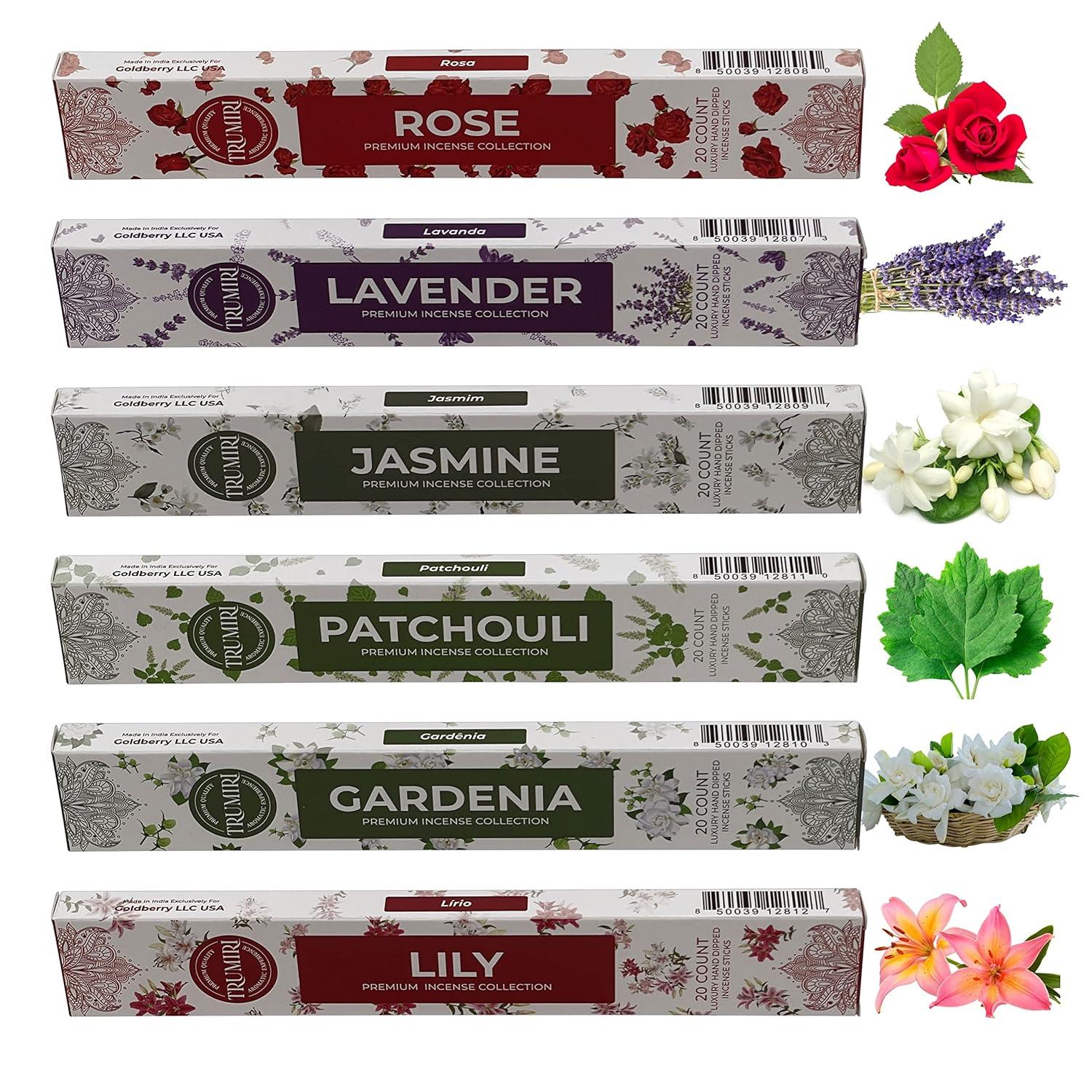 Trumiri Floral Incense Sticks Variety Pack & Incense Burner - Gift Set - 120 Inciensos Aromaticos (6 fragrances x 20 pieces each) - Rose, Lavender, Jasmine, Gardenia, Patchouli, Lily