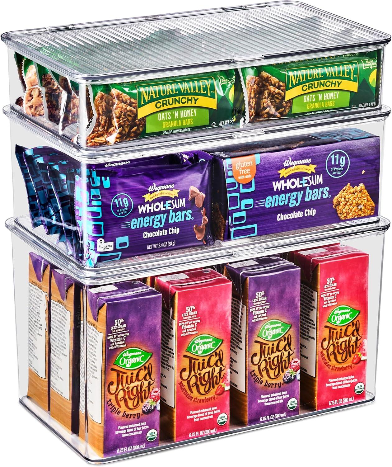 Sorbus Variety Clear Storage Bins For Pantry & Fridge With Hinged Lids, 3 Piece