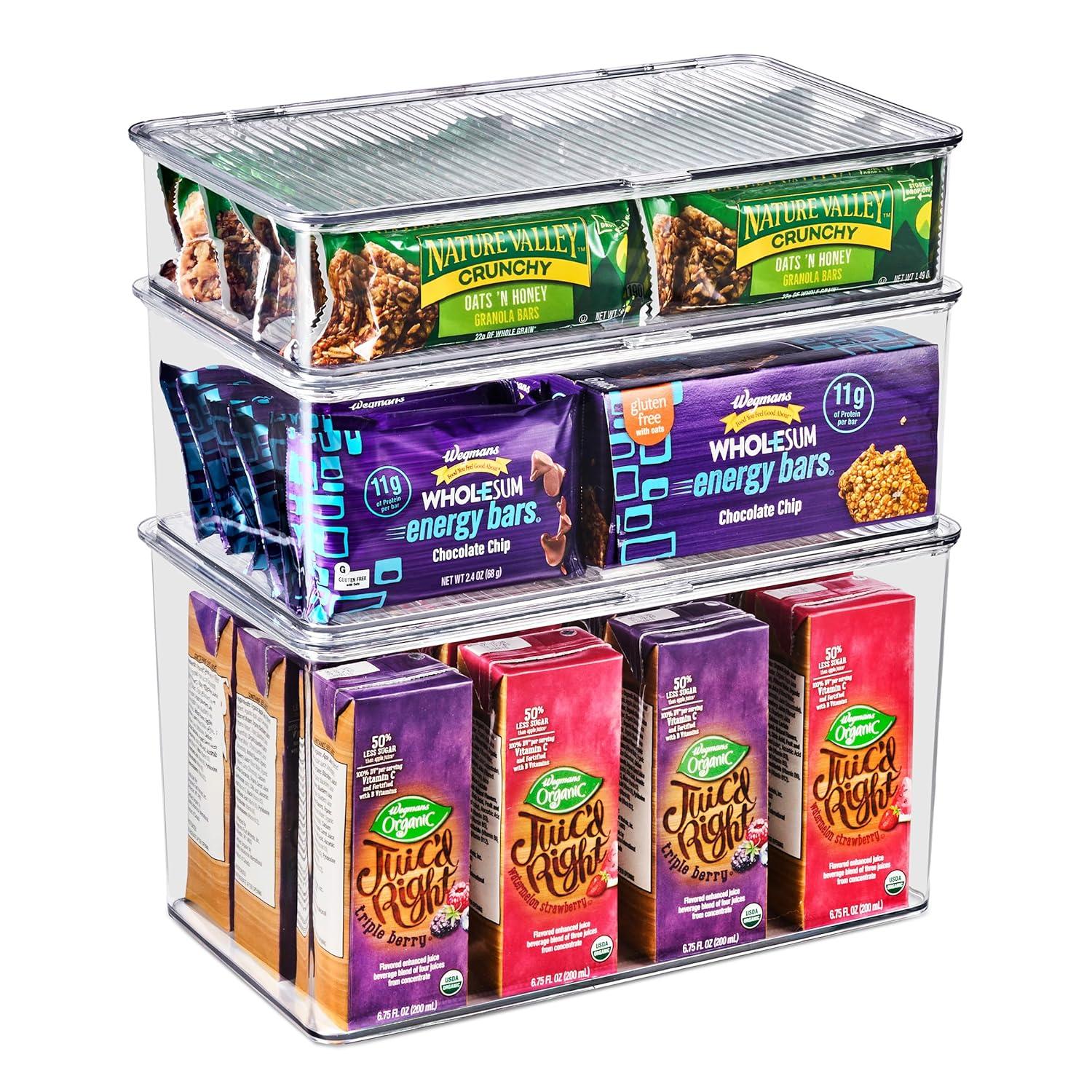 Sorbus Variety Clear Storage Bins For Pantry & Fridge With Hinged Lids, 3 Piece