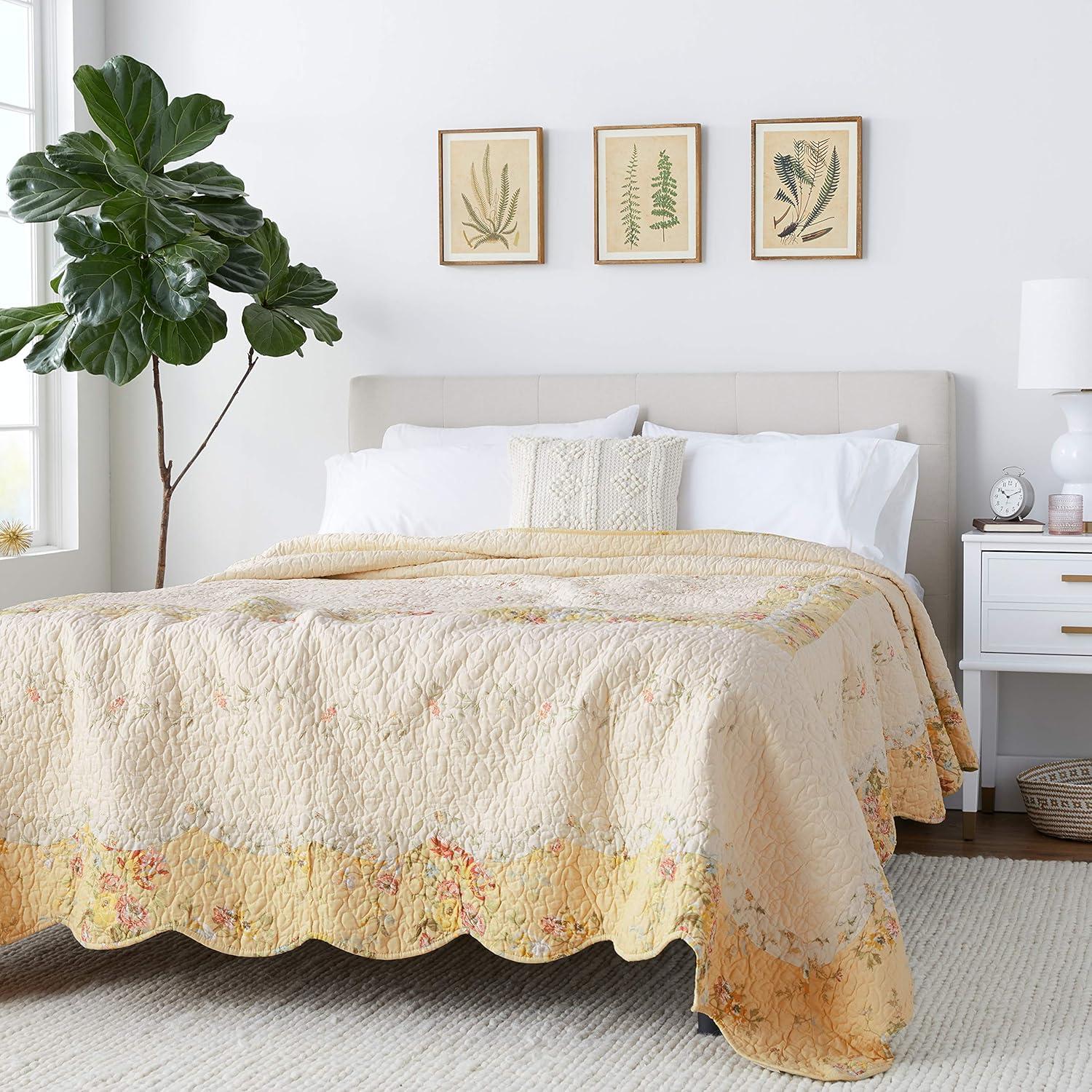 Queen Prairie Bloom Bedspread Yellow - Mary Jane's Home: Cotton Floral Bedding, Machine Washable, 140 Thread Count