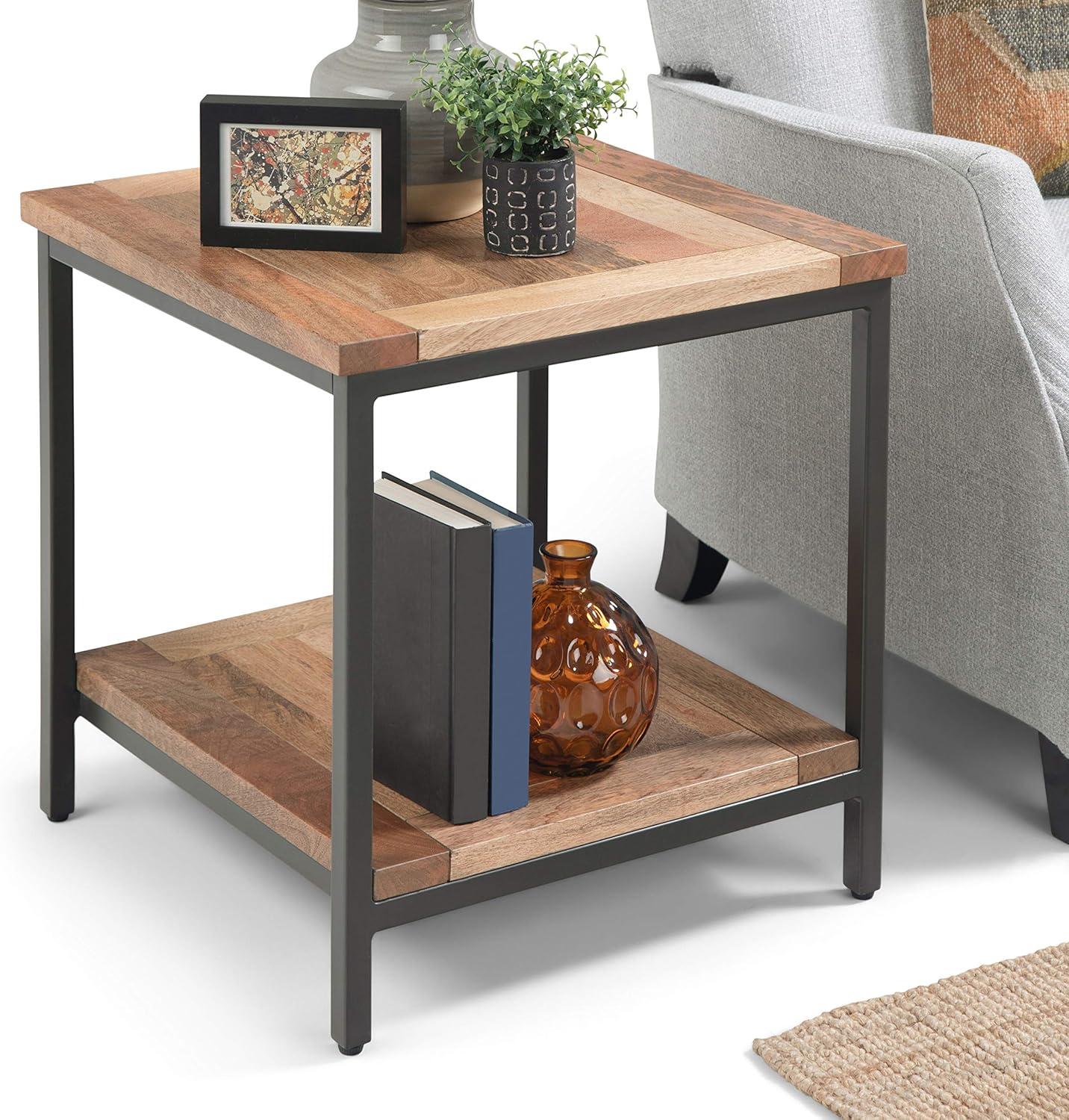 Skyler Natural Mango Wood and Metal Square End Table with Shelf