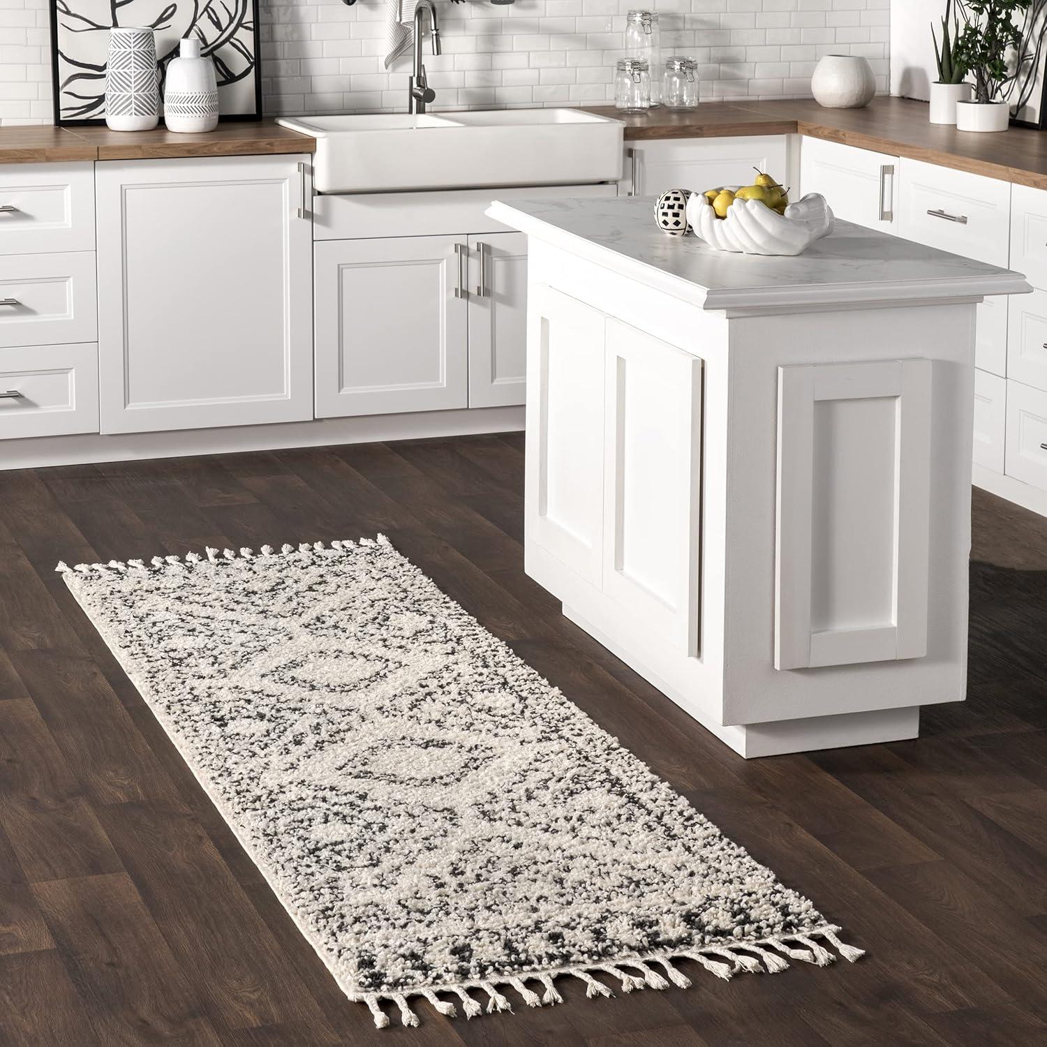 Vasiliki Moroccan Shag Tasseled Runner Rug, 2' 8" x 8', Off-White