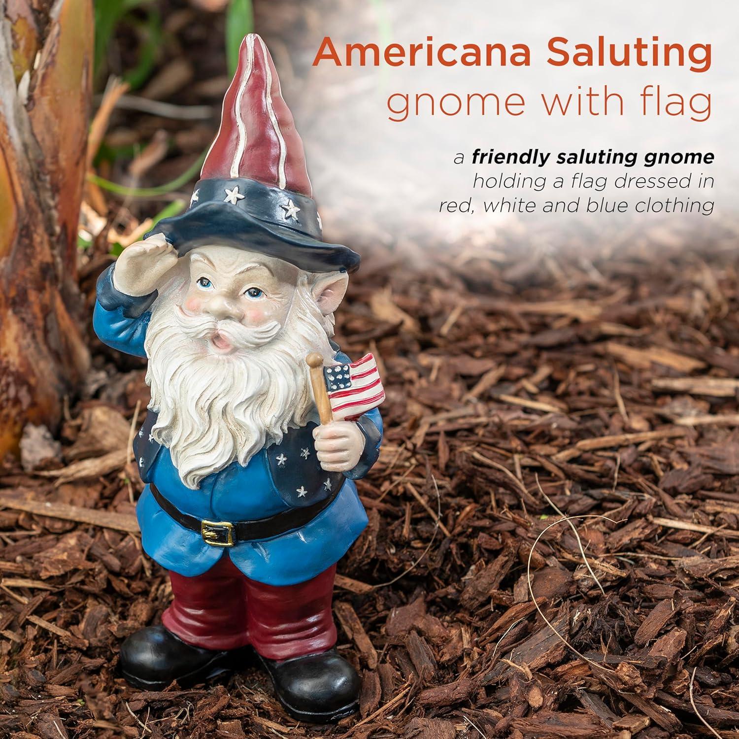 Alpine Corporation 12" Tall Outdoor Patriotic Garden Gnome Saluting Yard Statue Decoration C27