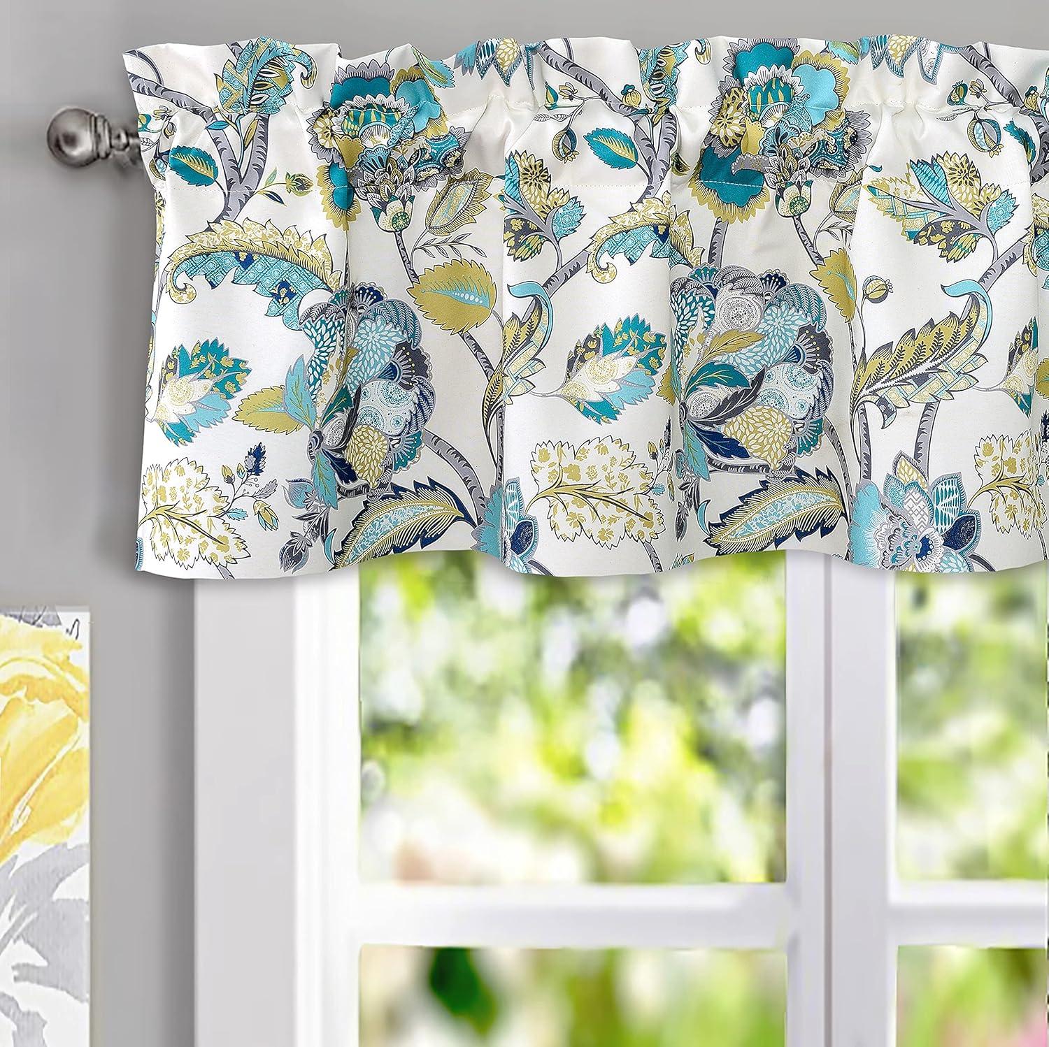 DriftAway  Layla Classic America Style Floral Leaves Room Darkening Window Curtain Valance Rod Pocket Ivory Teal Gray 52" Width X 14 " Length