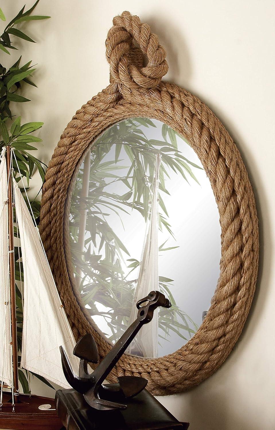 Nautical Round Wood Decorative Mirror with Rope Trim