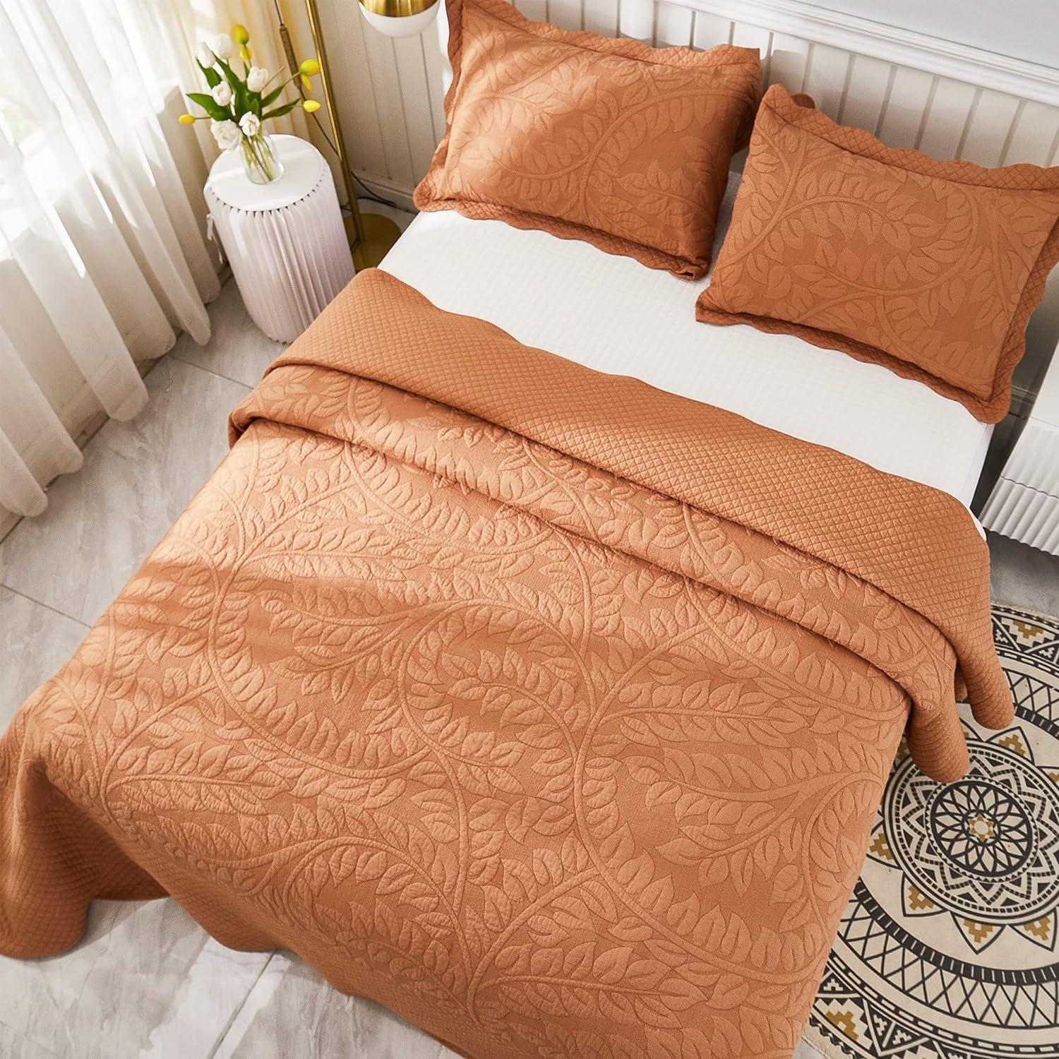 Oversized Orange Cotton Queen Bedspread Set with Quilted Pattern