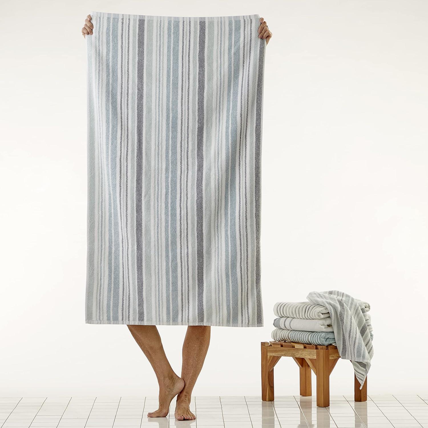 Aqua Blue Striped Cotton Bath Towel