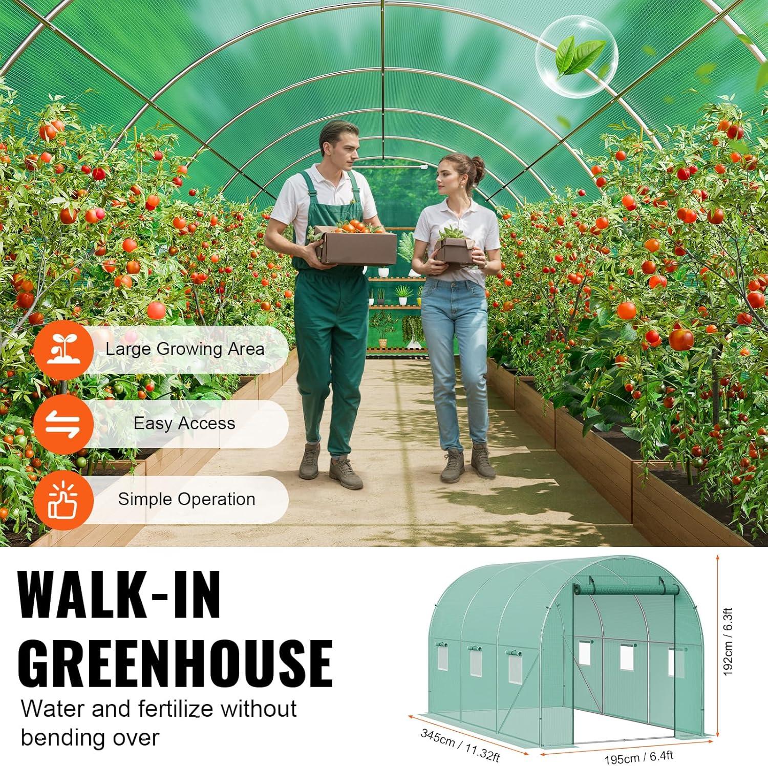 Large Green Walk-In Tunnel Greenhouse with Galvanized Steel Frame