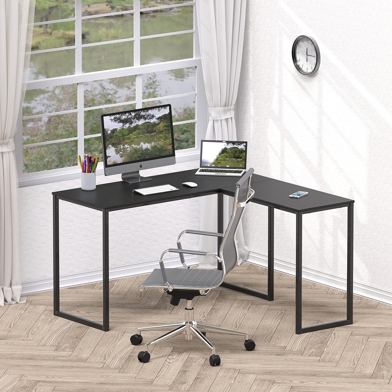 Black Cherry Wood L-Shaped Computer Desk with Drawer