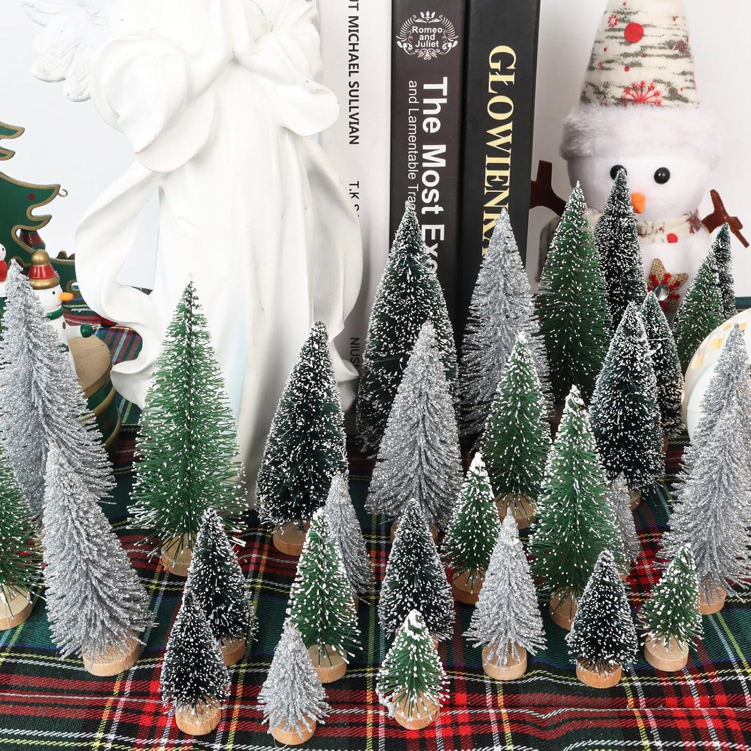 Miniature Snow-Frosted Green and Silver Bottle Brush Trees Set