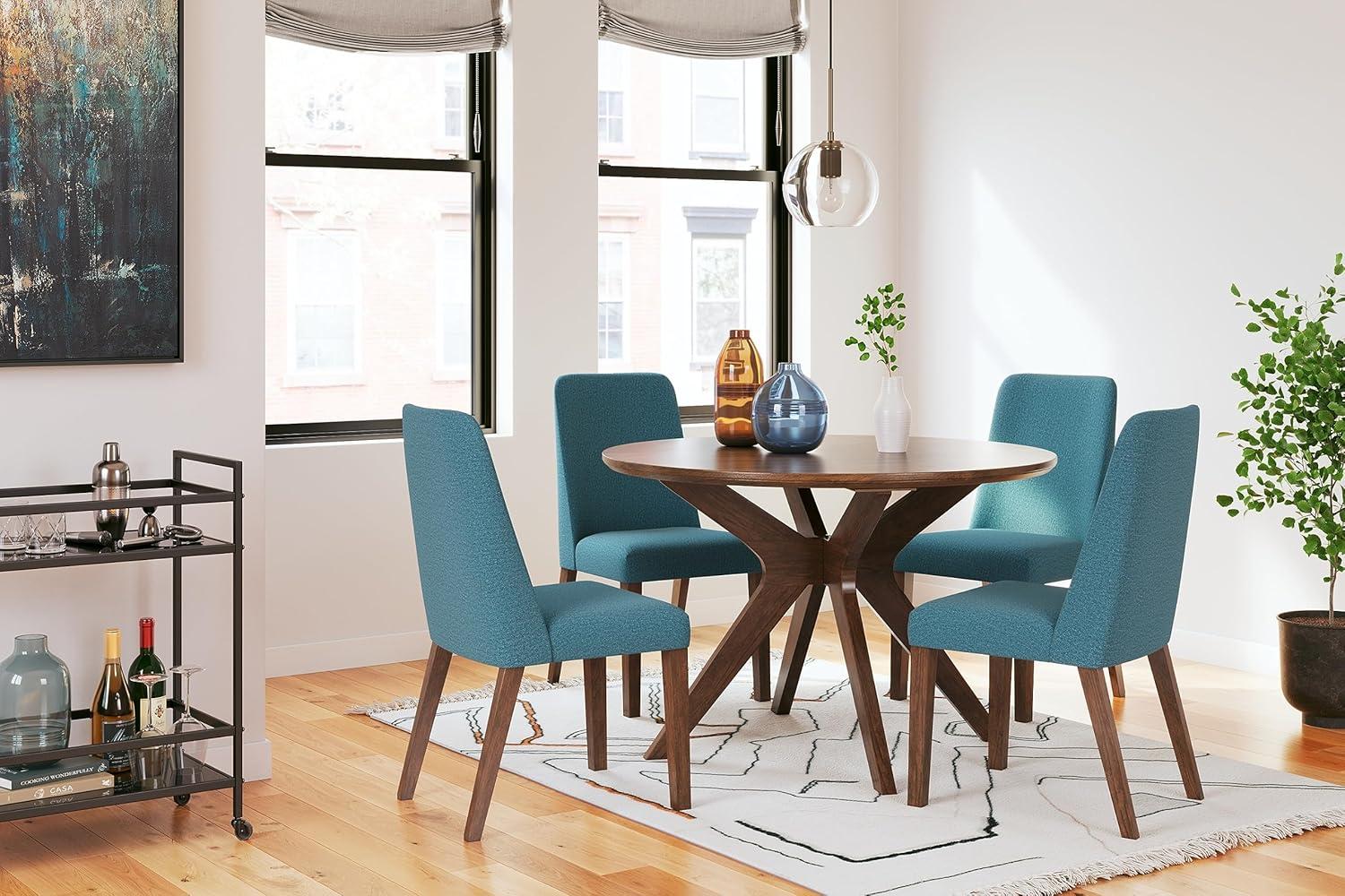 Blue Upholstered Wood Side Chair with Brown Frame