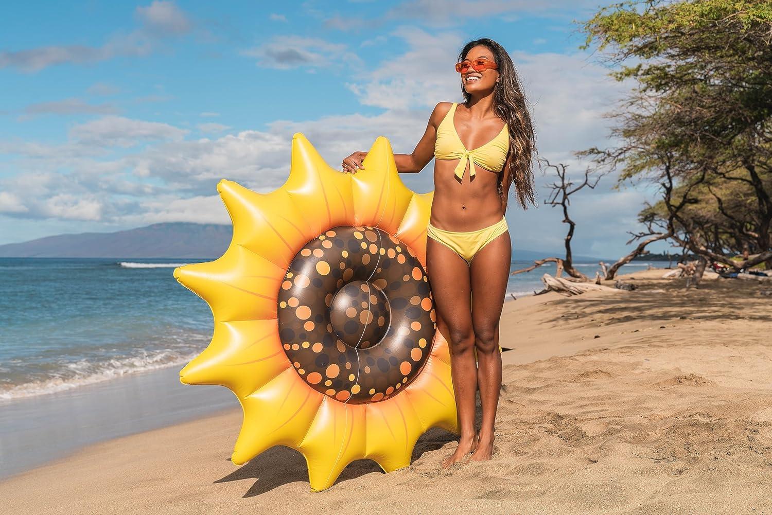 Get Ready for Summer Fun with PoolCandy's Inflatable Sunflower Island Pool Float - Perfect for Parties and Relaxation. The Ultimate Swimming Pool Inflatable Toy.