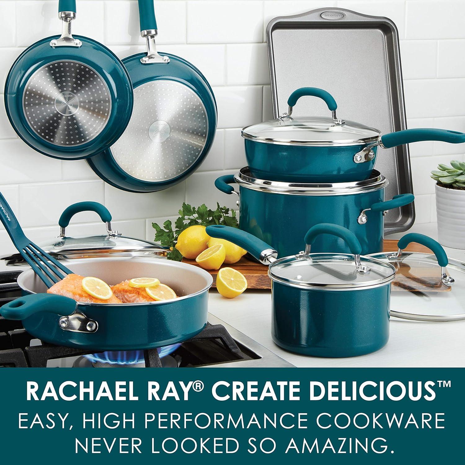 Rachael Ray Create Delicious Aluminum Nonstick Cookware Set, 13-Piece, Teal Shimmer