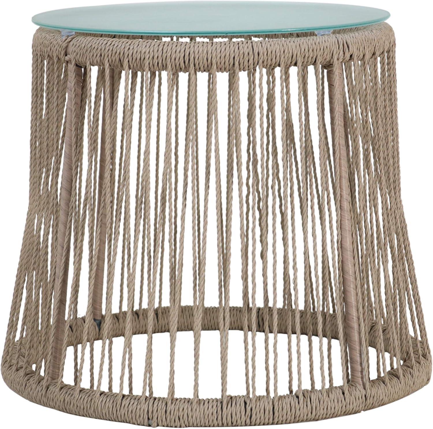 Bohemian Chic Round Side Table with Tempered Glass Top and Rope Detail