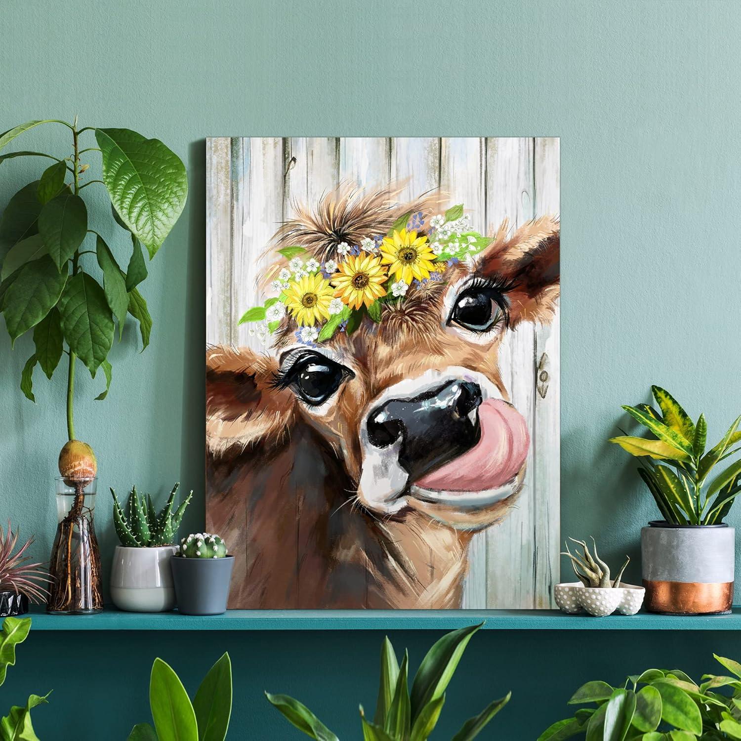 ERYOGS Country Cow Decor Farmhouse Kitchen Wall Pictures Rustic Cute Brown Wearing a Wreath Decoration Canvas Artwork Printed & Ready to Hang for Bedroom Bathroom -12x16