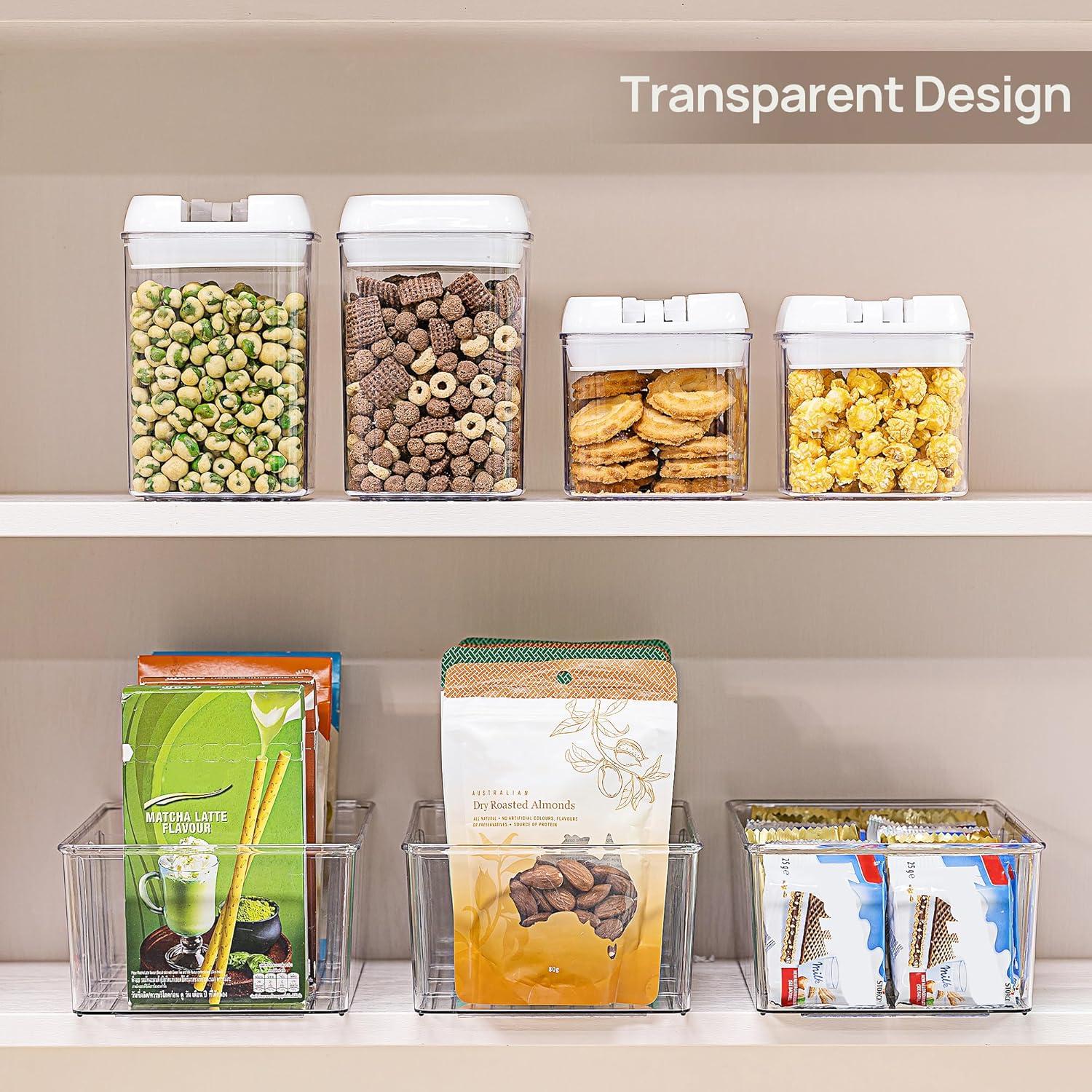 Vtopmart 4 Pack Food Storage Organizer Bins, Clear Plastic Bins for Pantry, Kitchen, Fridge, Cabinet Organization and Storage, 4 Compartment Holder Packets, Snacks, Pouches, Spice Packets C49