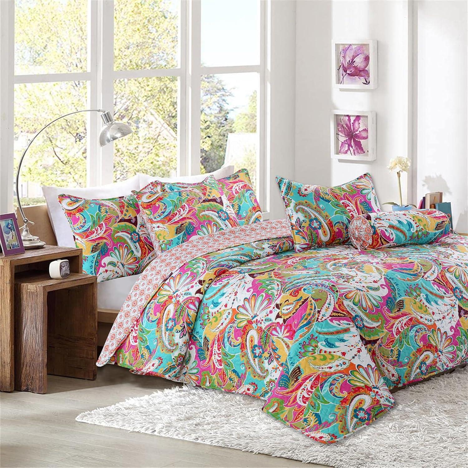 Navy Floral Paisley Reversible Microfiber Queen Quilt Set