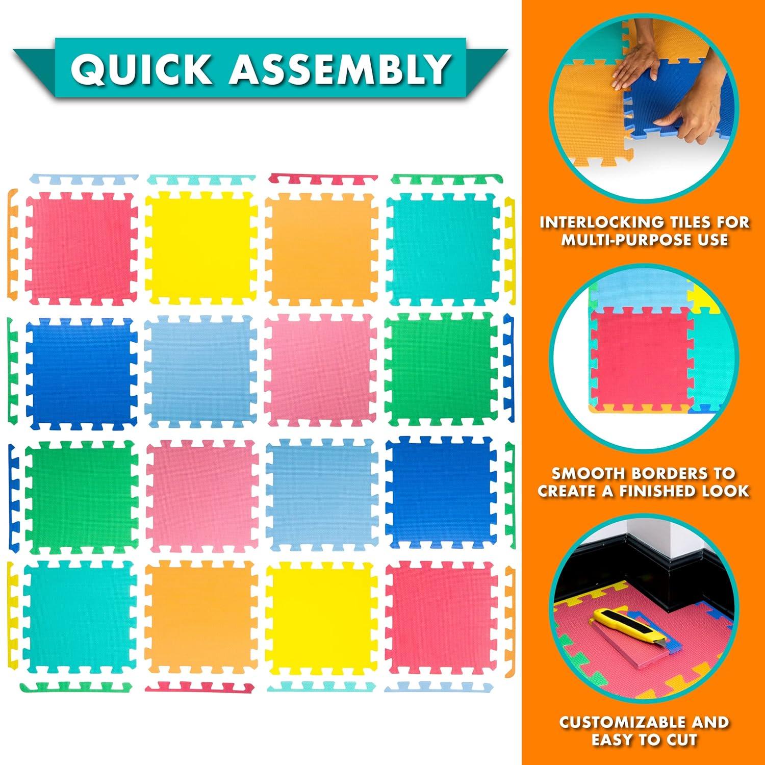 Prosource Kids Solid Floor Play Mat 3/8-in, 16 Sq Ft - 16 Tiles, Assorted