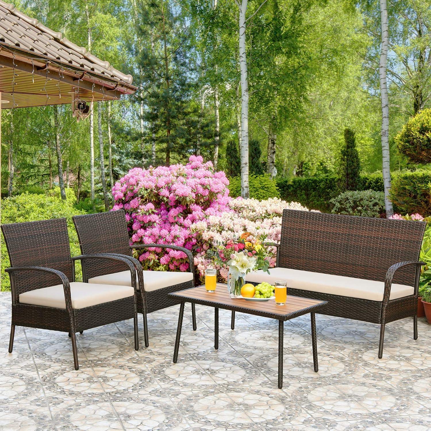 Tangkula 4PCS Cushioned Rattan Patio Conversation Set Outdoor Furniture Set