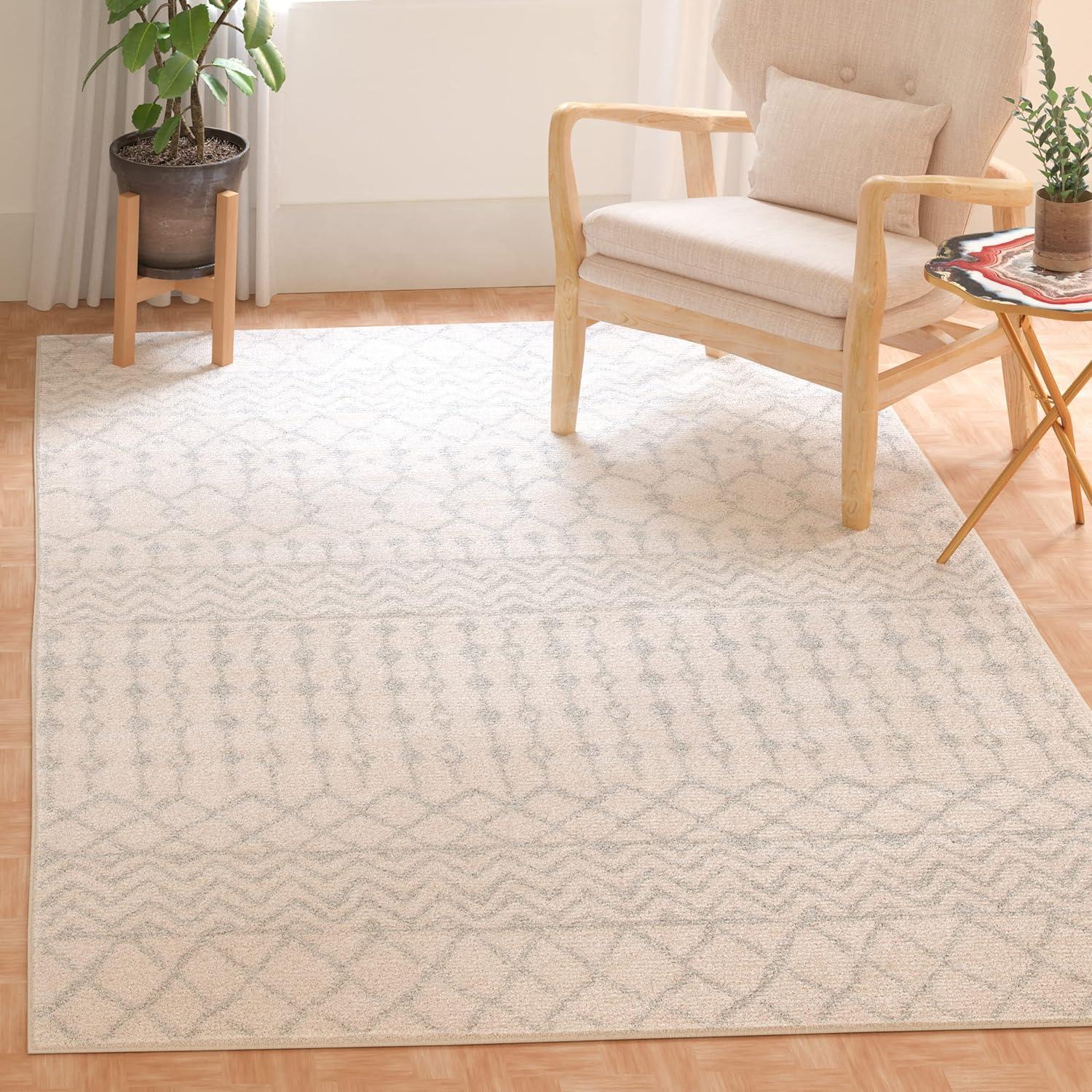 Ivory and Light Grey Hand-Knotted Square Synthetic Rug