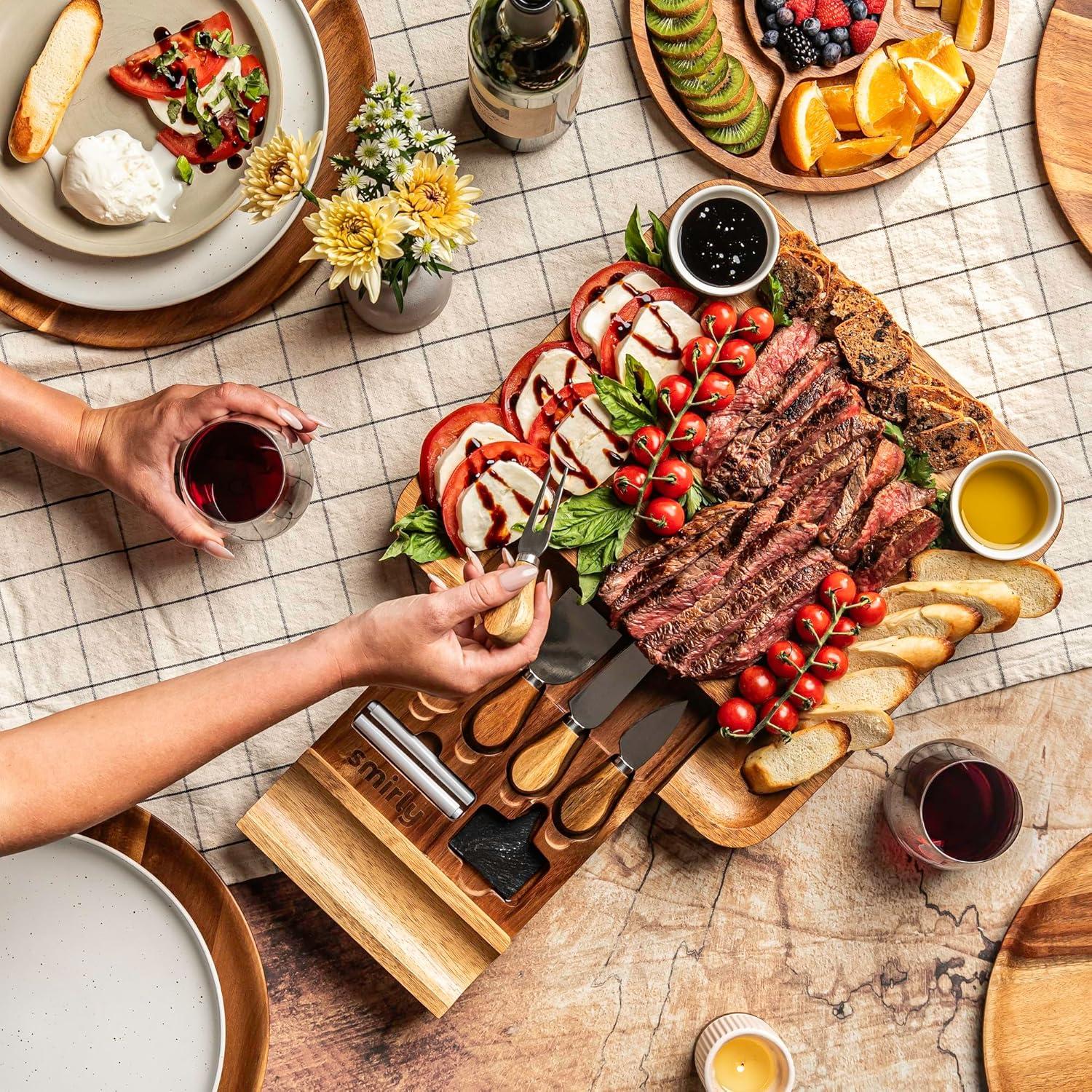 SMIRLY Charcuterie Board Set Large Bamboo Cheese Board with Fruit Tray & 2 Ceramic Bowls