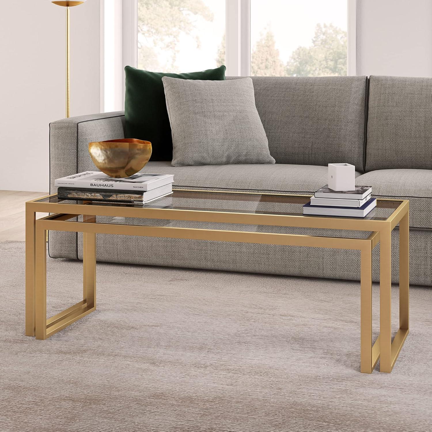 Rectangular Brass and Glass Nesting Coffee Table Set