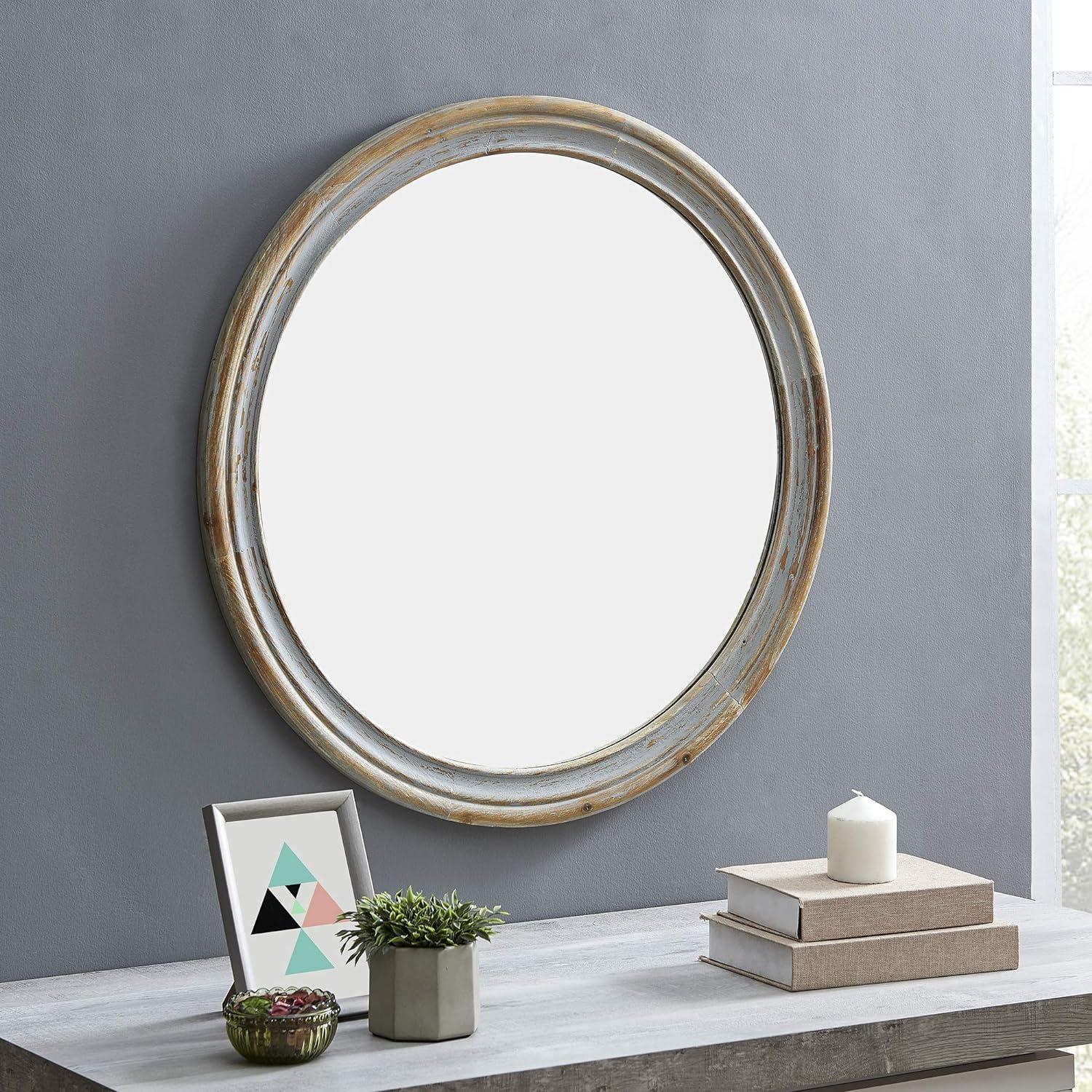 Vintage Gray 32'' Round Weathered Wood Farmhouse Wall Mirror