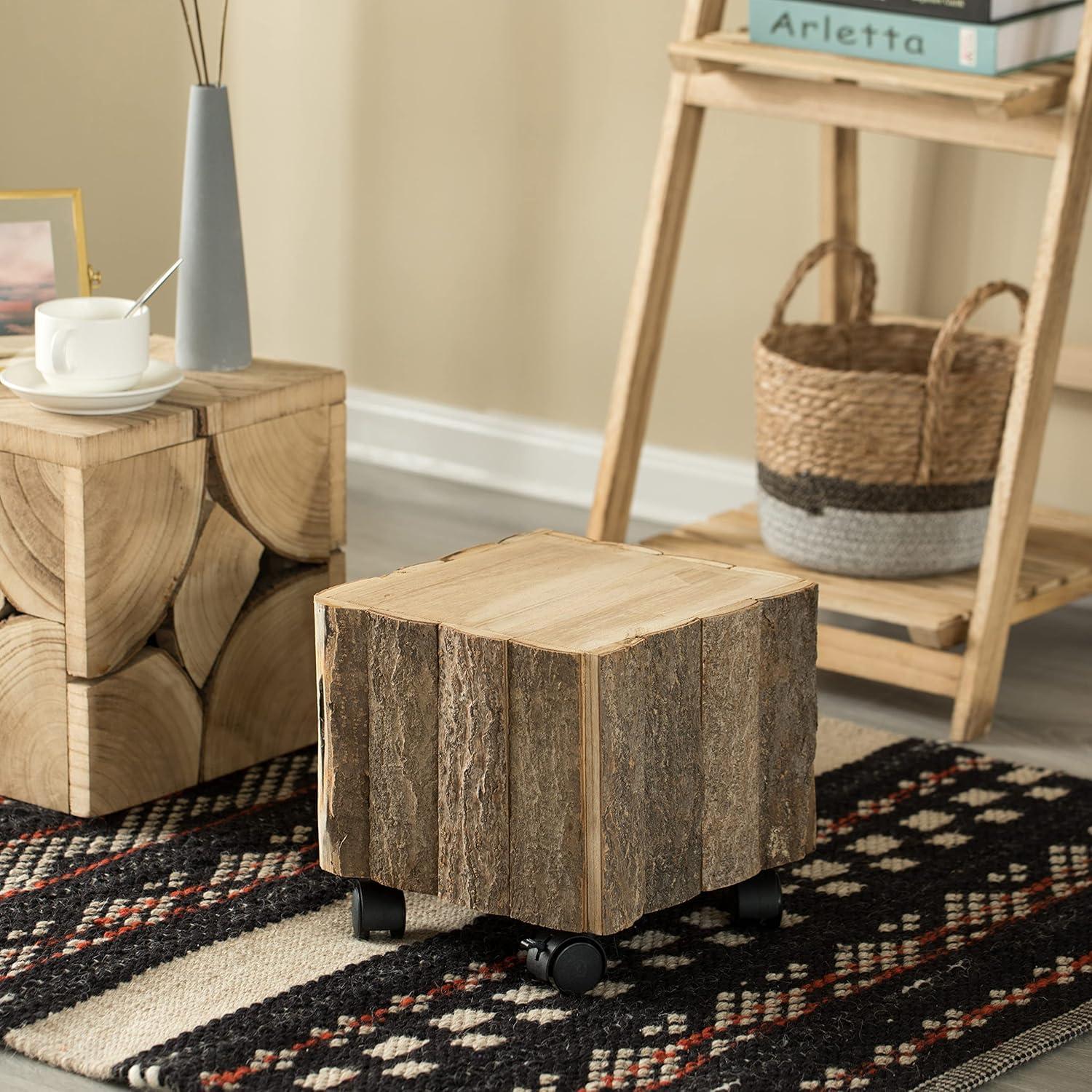 Vintiquewise Accent Decorative Natural Wooden Square Stump Stool, with Wheels for Indoor and Outdoor