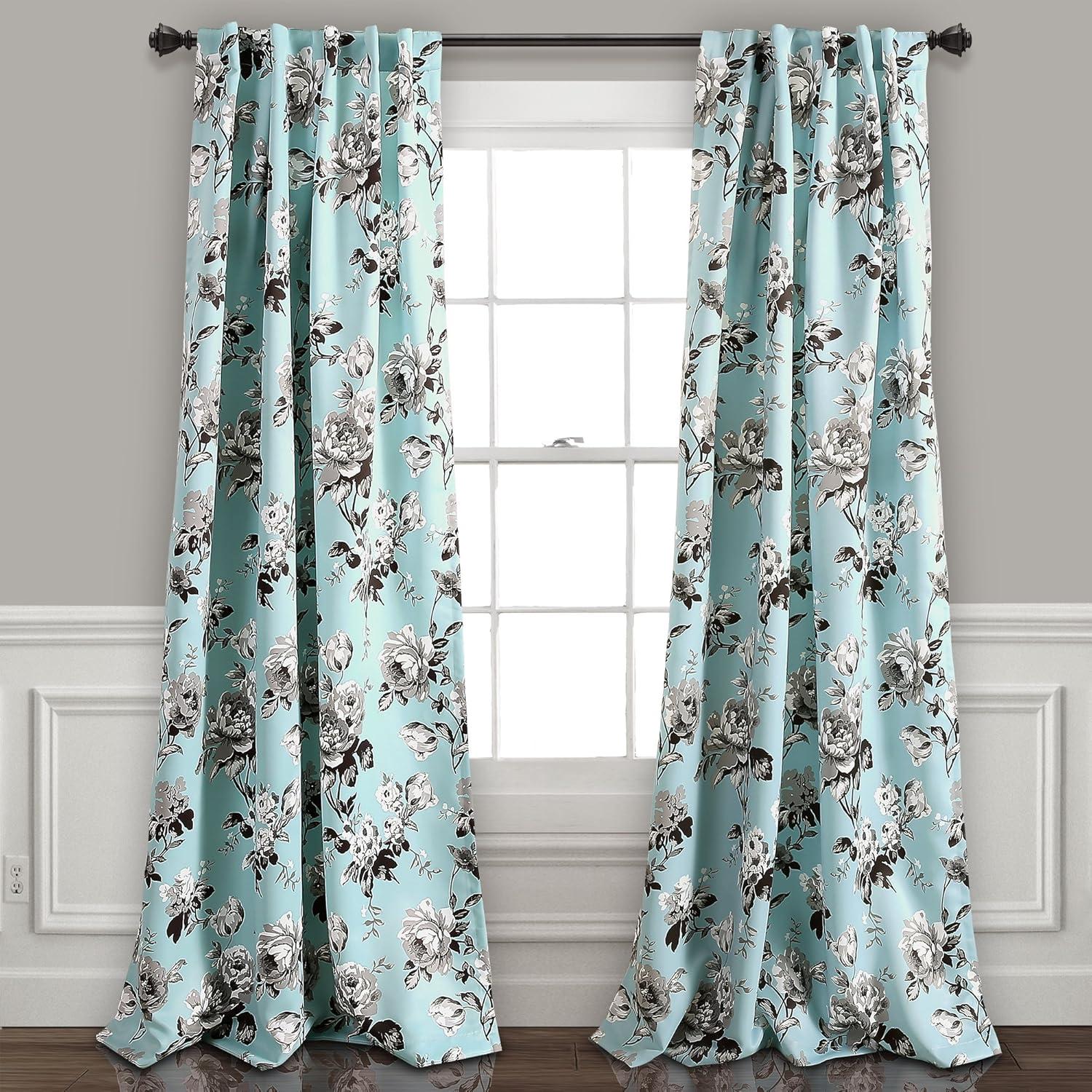 Tania Blue and Gray Floral Blackout Curtain Panels