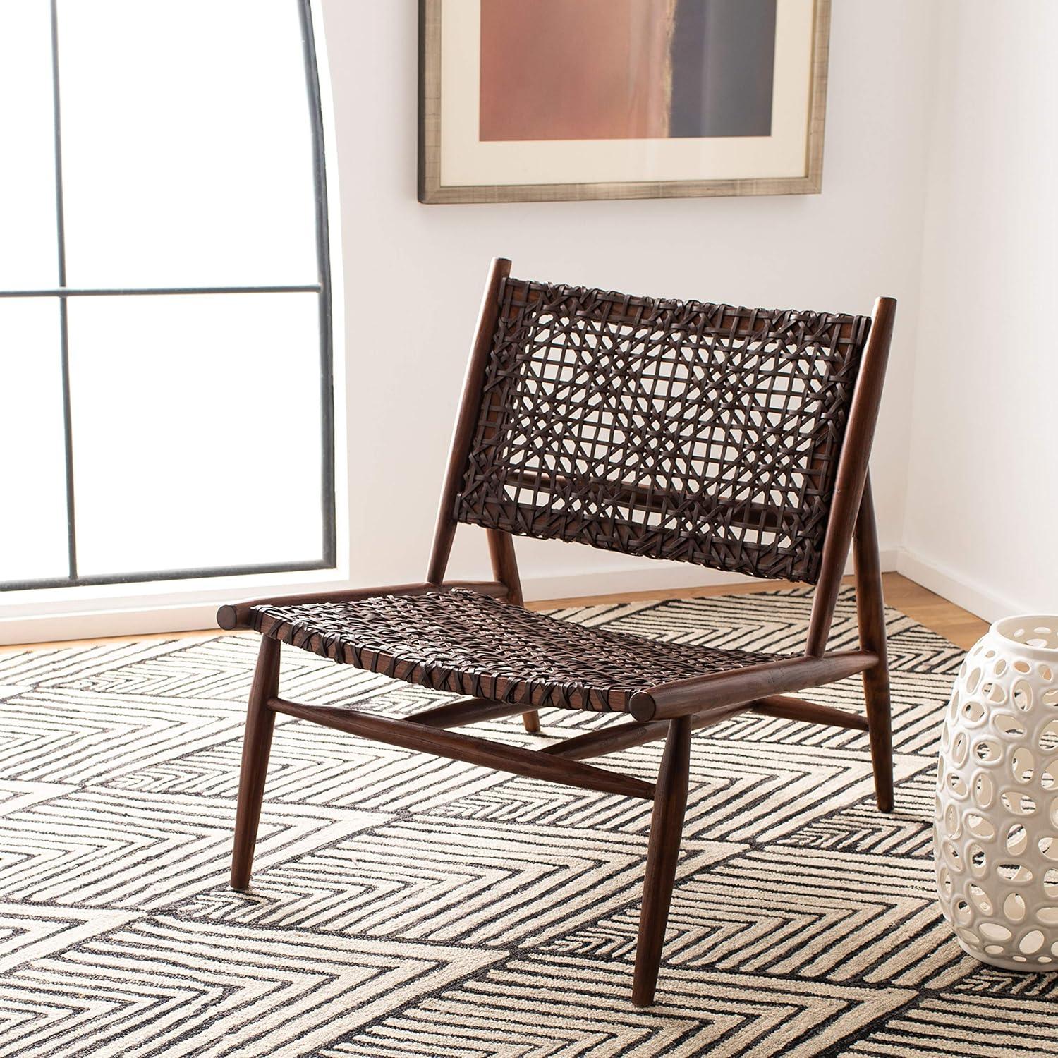 Transitional Brown Leather Weave Accent Chair with Sungkai Wood