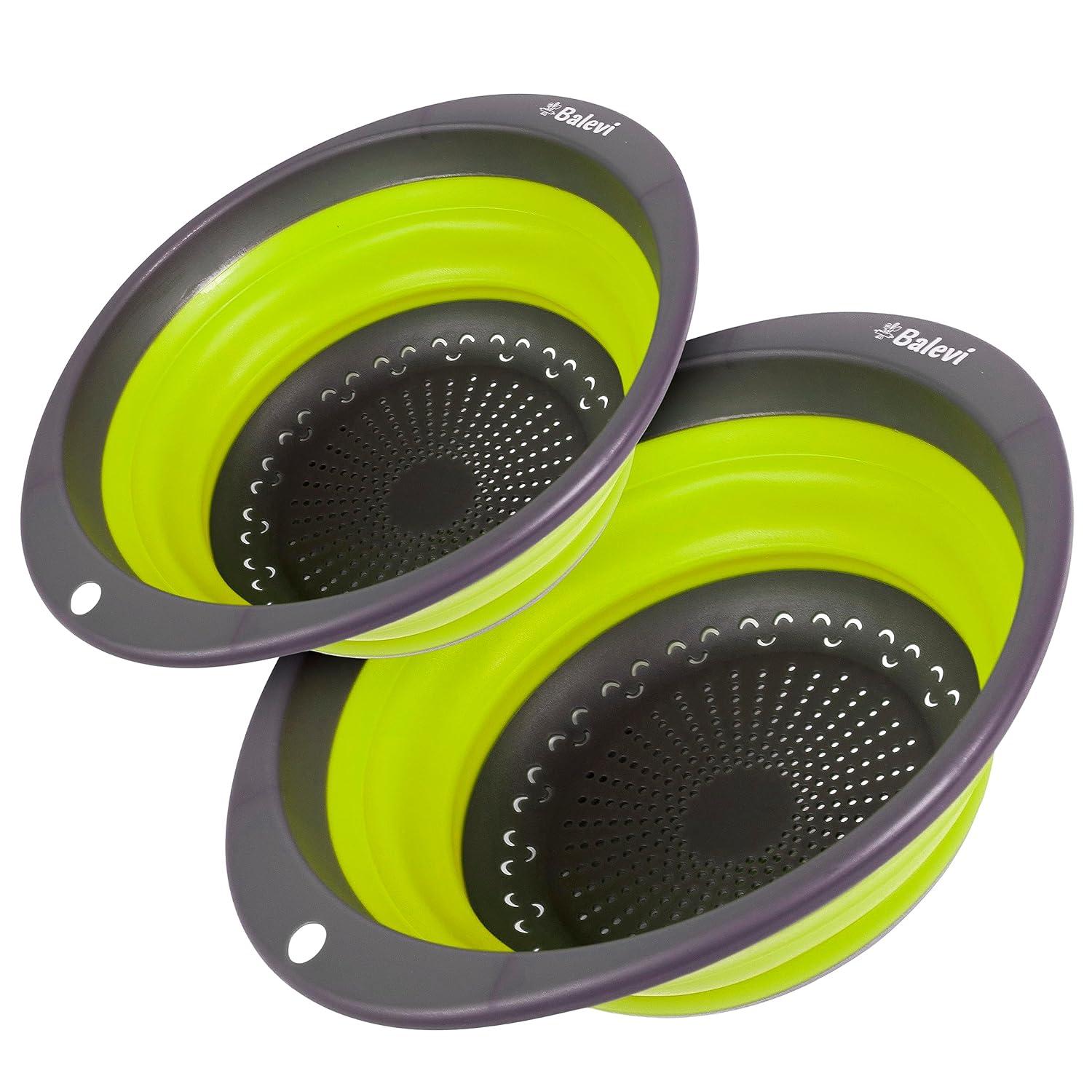 "Balevi Collapsible Strainers for Kitchen - Collapsible Colander Set of 2 Made of Silicone - Collapsible Strainer with Little Pegs to Keep Food Elevated - Green"