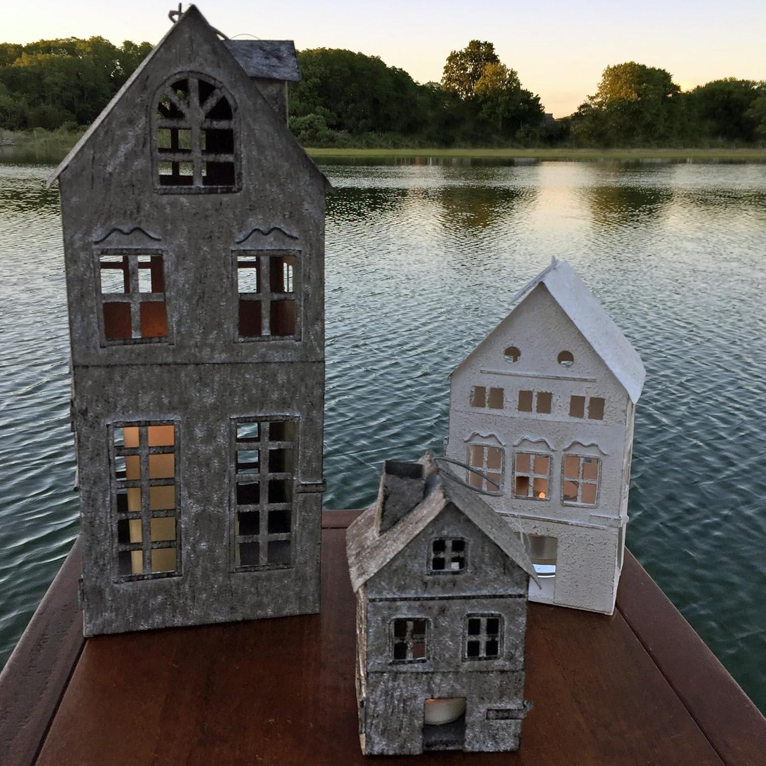 Americana Main Street Town House Candle Lanterns, Set of 3, Vintage Style, Weathered White and Rustic Gray, Metal, Hinged Doors, 14 1/2, 8 3/4 and 5 1/8 Inches Tall