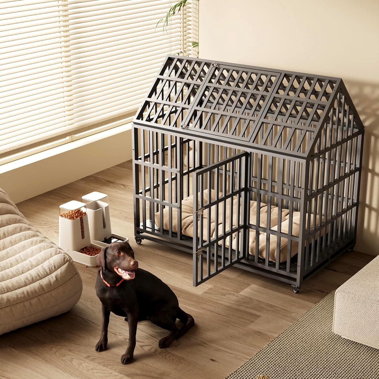 52" Heavy Duty Dog Crate Large Dog cage Strong Metal Dog Kennels and Crates for Large Dogs with 4 Lockable Wheels