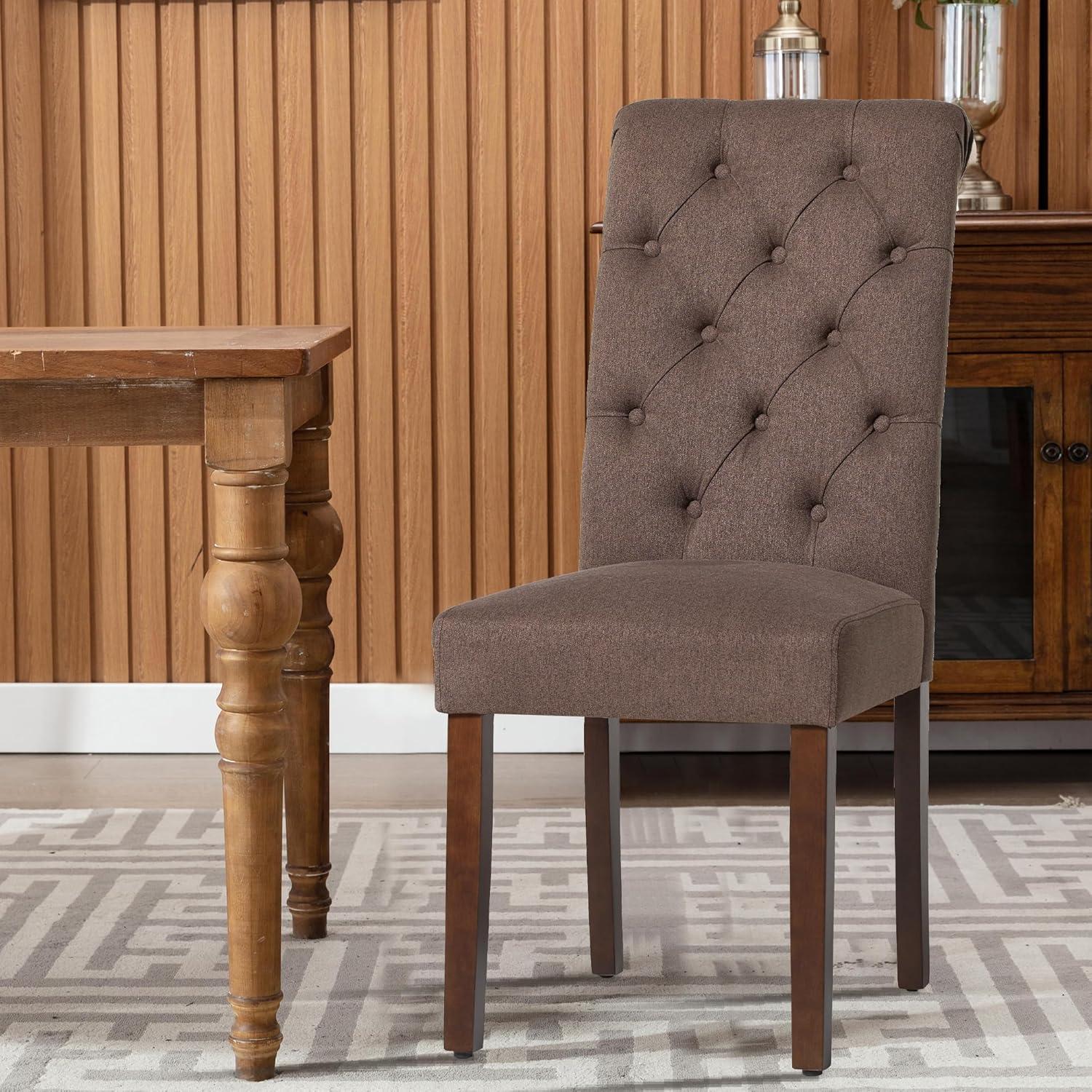 Brown Linen Upholstered Parsons Dining Side Chairs with Wood Legs, Set of 4