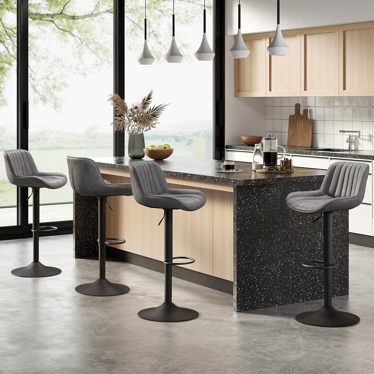 Art Leon Rustic Bar Stools Set of 2, Faux Leather with Backrest Chrome Legs, Upholstered Swivel Kitchen Stools, Gray