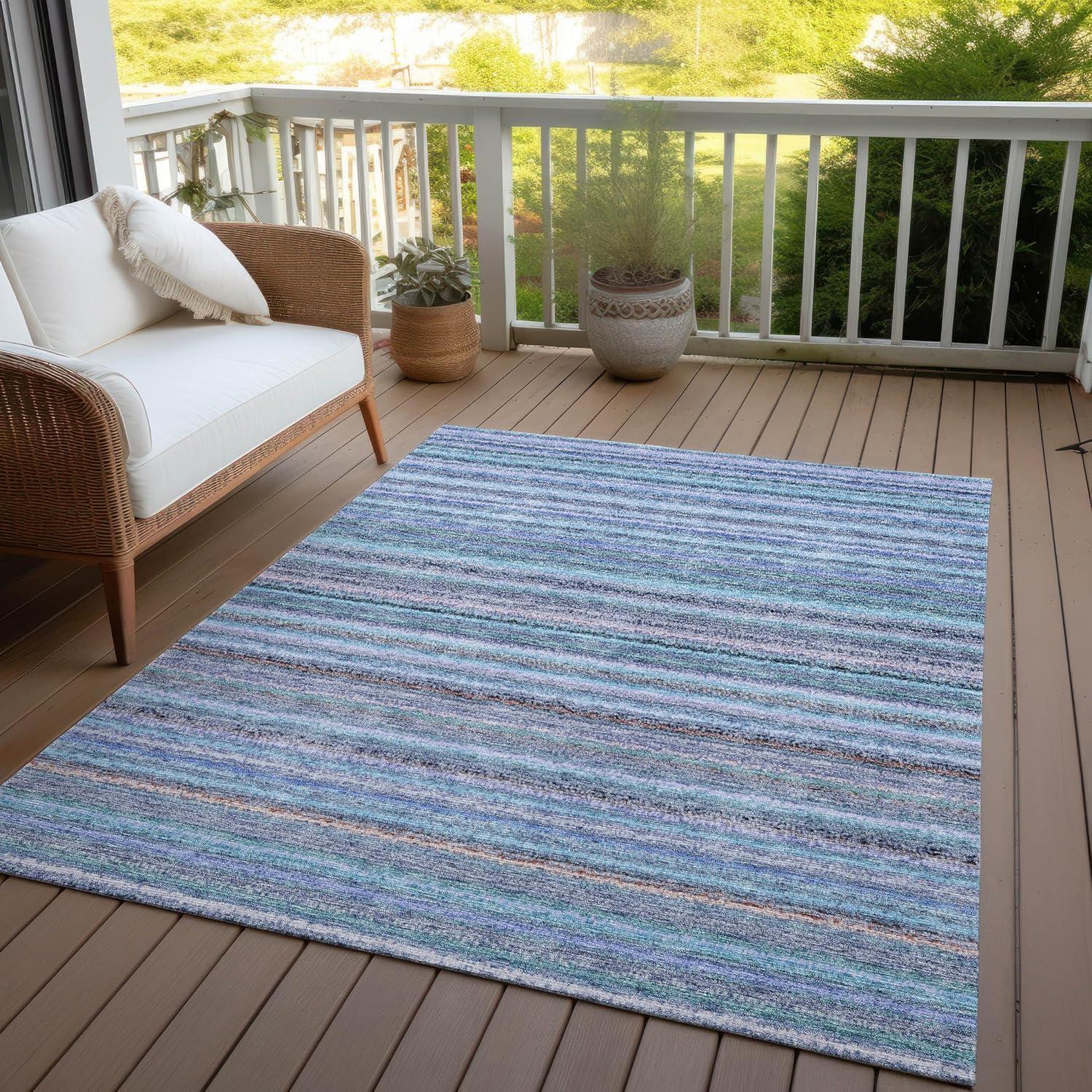 Sky Blue Striped Synthetic Washable Reversible Rug 3' x 5'