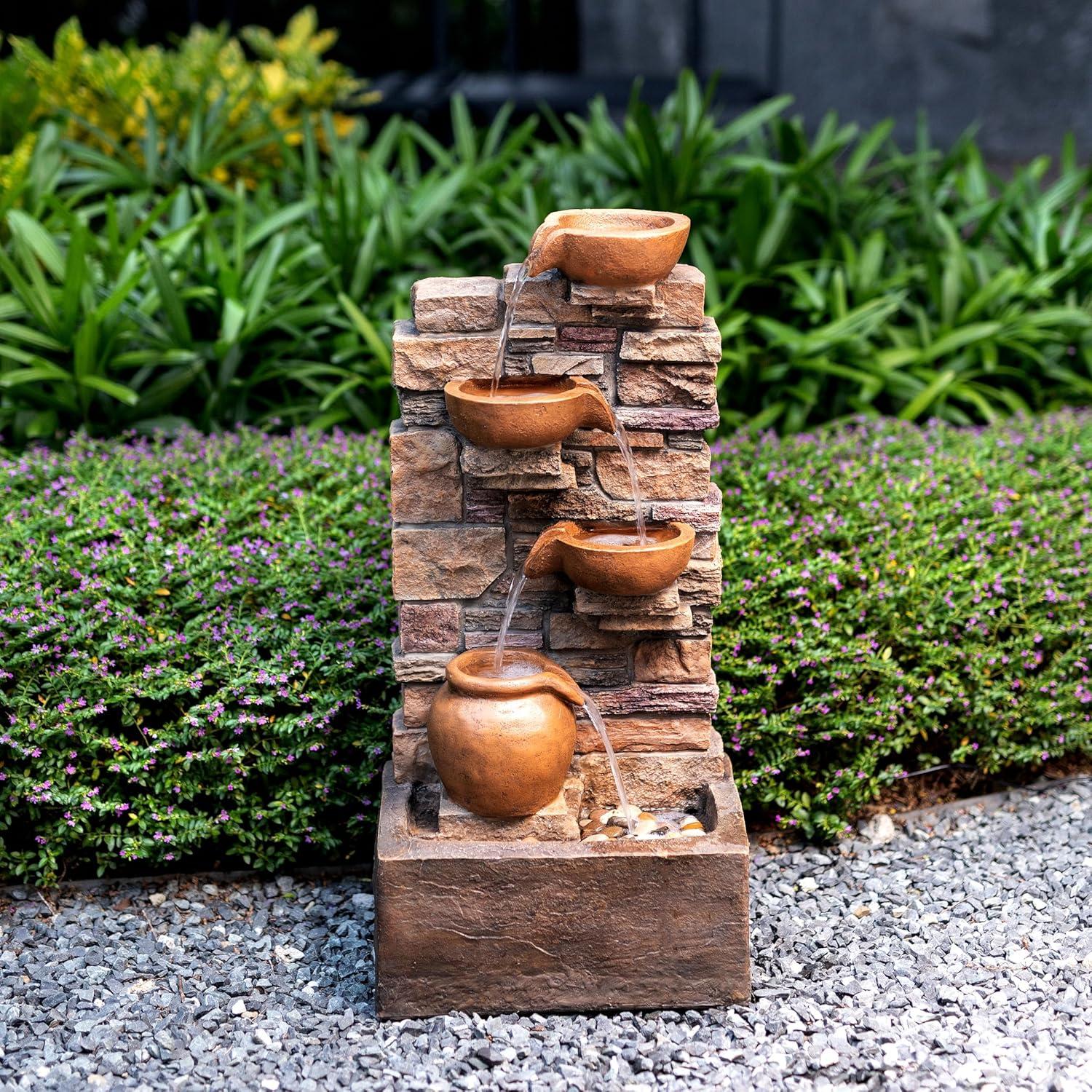 Teamson Home 33.27" Polyresin Cascading Bowls & Stacked Stones LED Fountain: Rust-Resistant, Electric Pump, Ground Freestanding