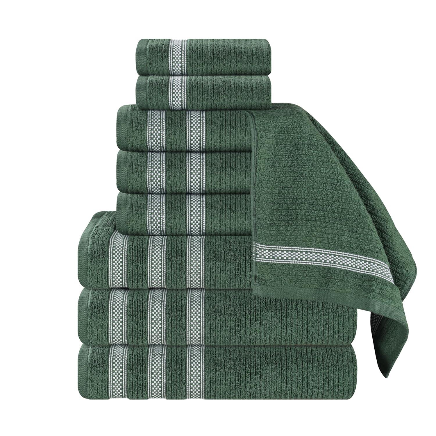 Superior Zero Twist Cotton Ribbed Geometric 9-Piece Towel Set, Forest Green