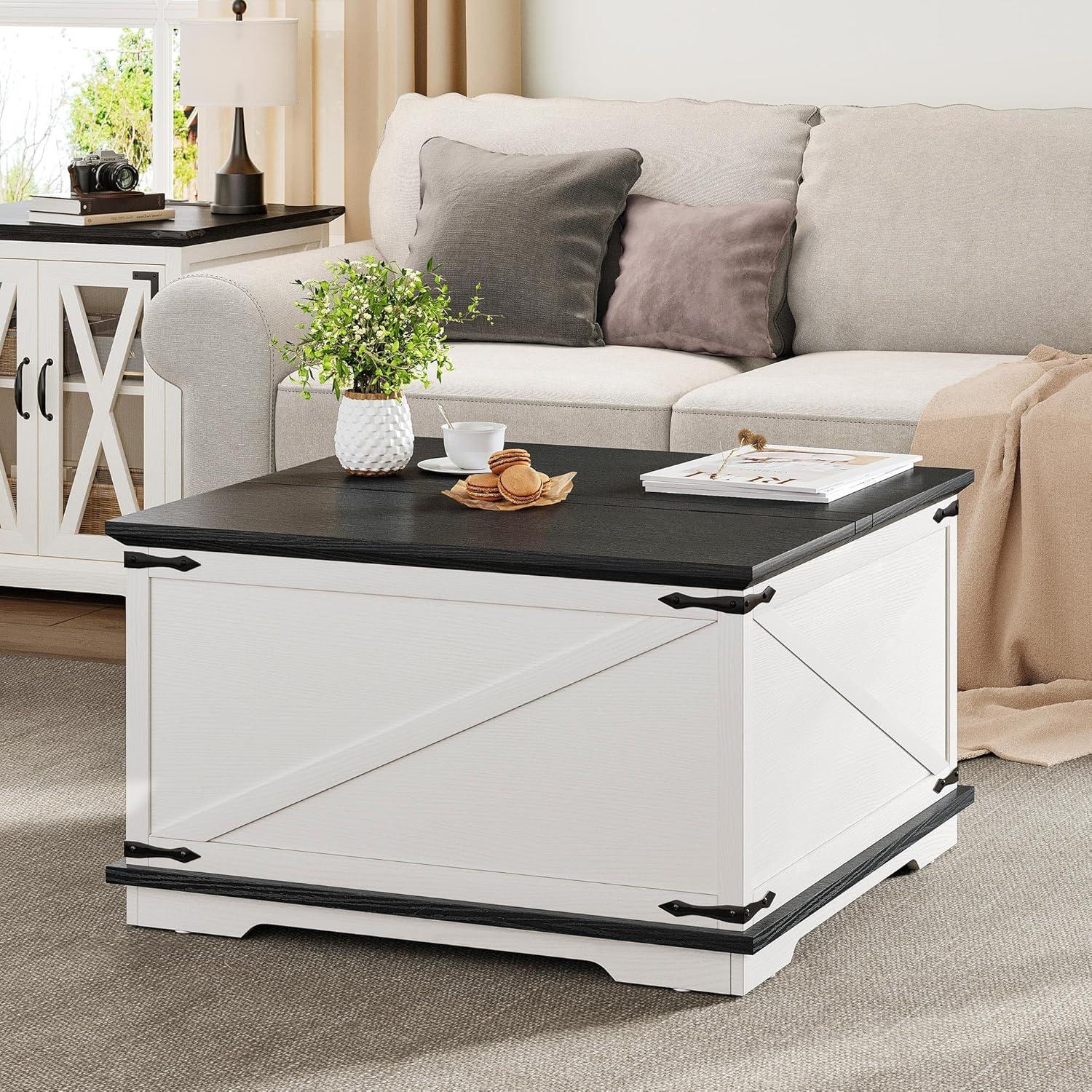 White Square Lift-Top Coffee Table with Hidden Storage