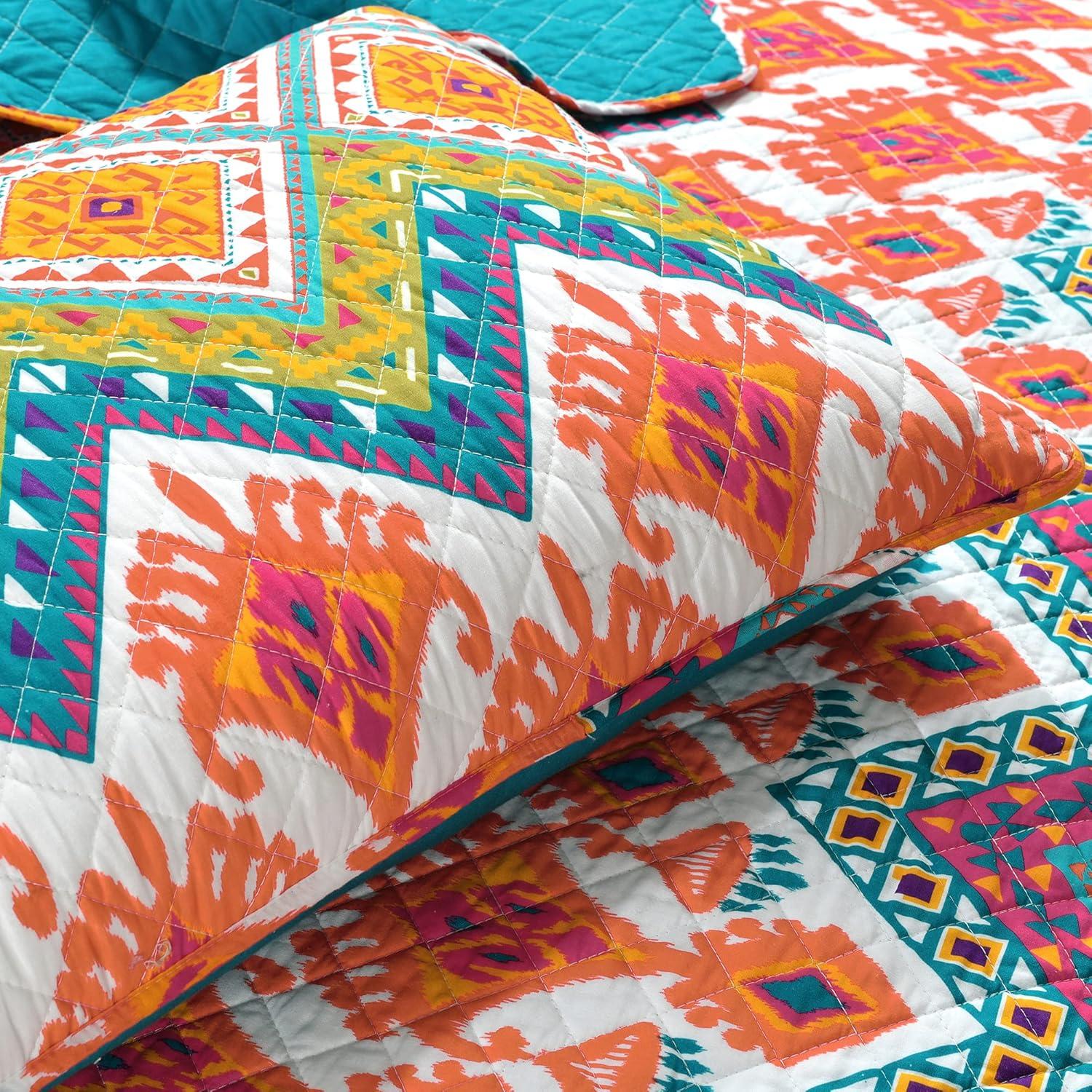 Boho Turquoise/Orange/Purple Standard Cotton Reversible 3 Piece Quilt Set