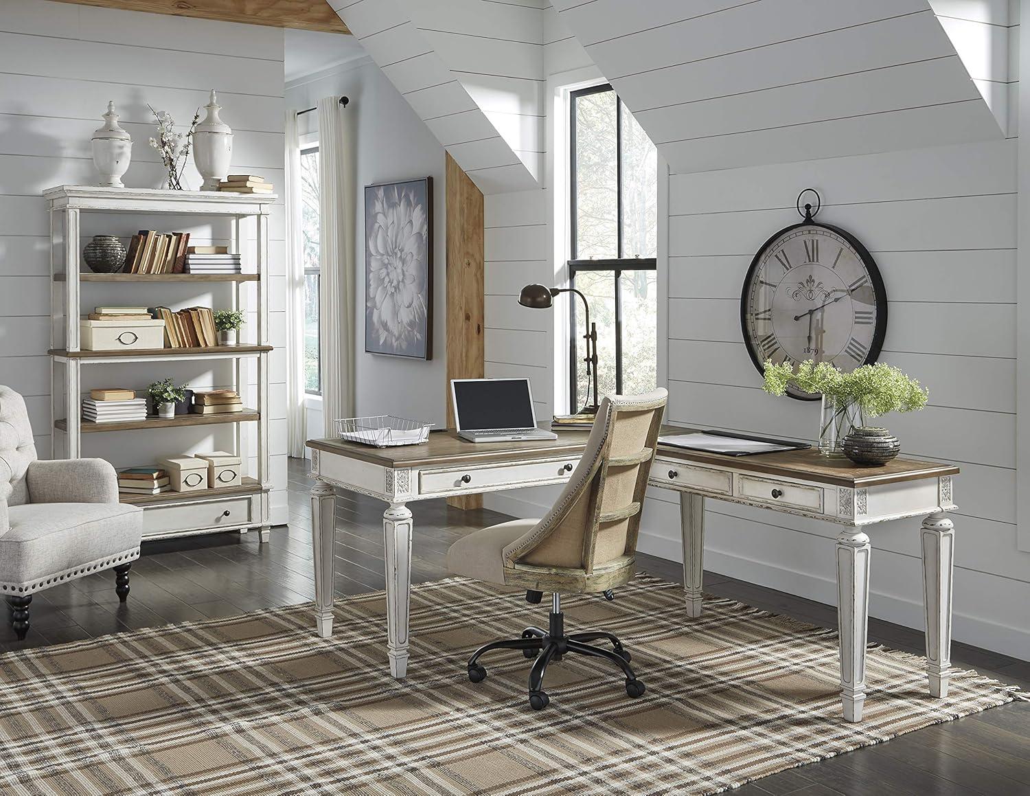 75" Realyn Bookshelf - Signature Design by Ashley: Cottage Style, Antiqued Two-Tone Finish, Open Shelves