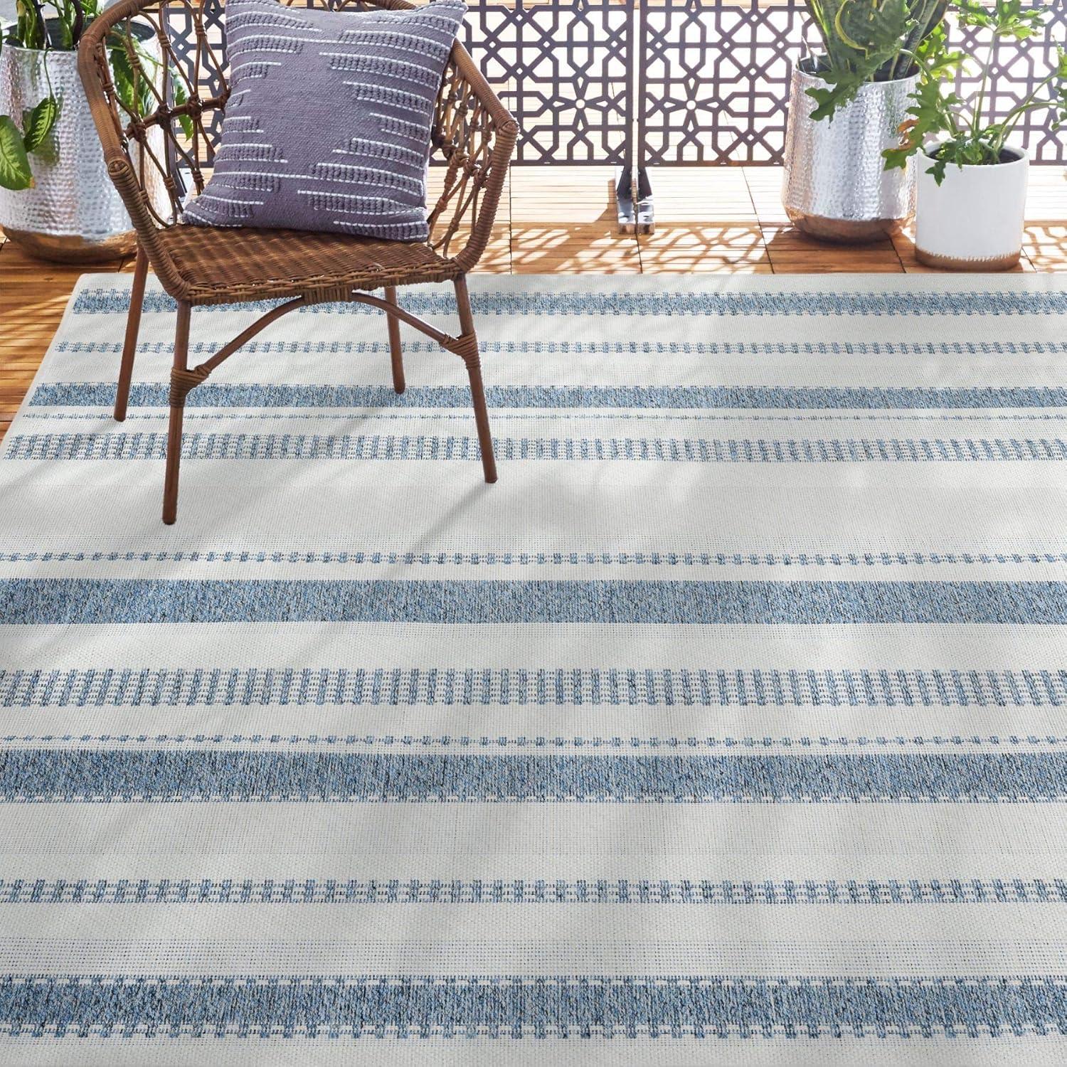 Dark Blue and Cream Striped Synthetic 8' x 10' Indoor/Outdoor Rug