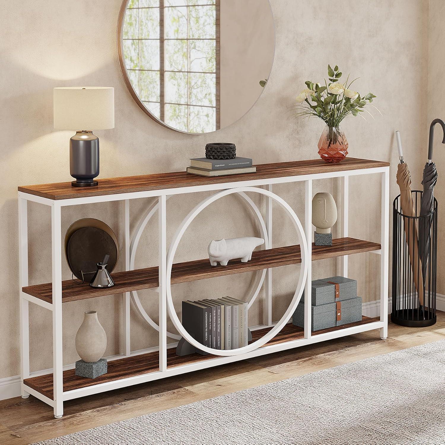 GVN Console Table, Entryway Table, 70.9" Console Table, Narrow Sofa Table with 3 Tier Storage Shelves,White & Walnut